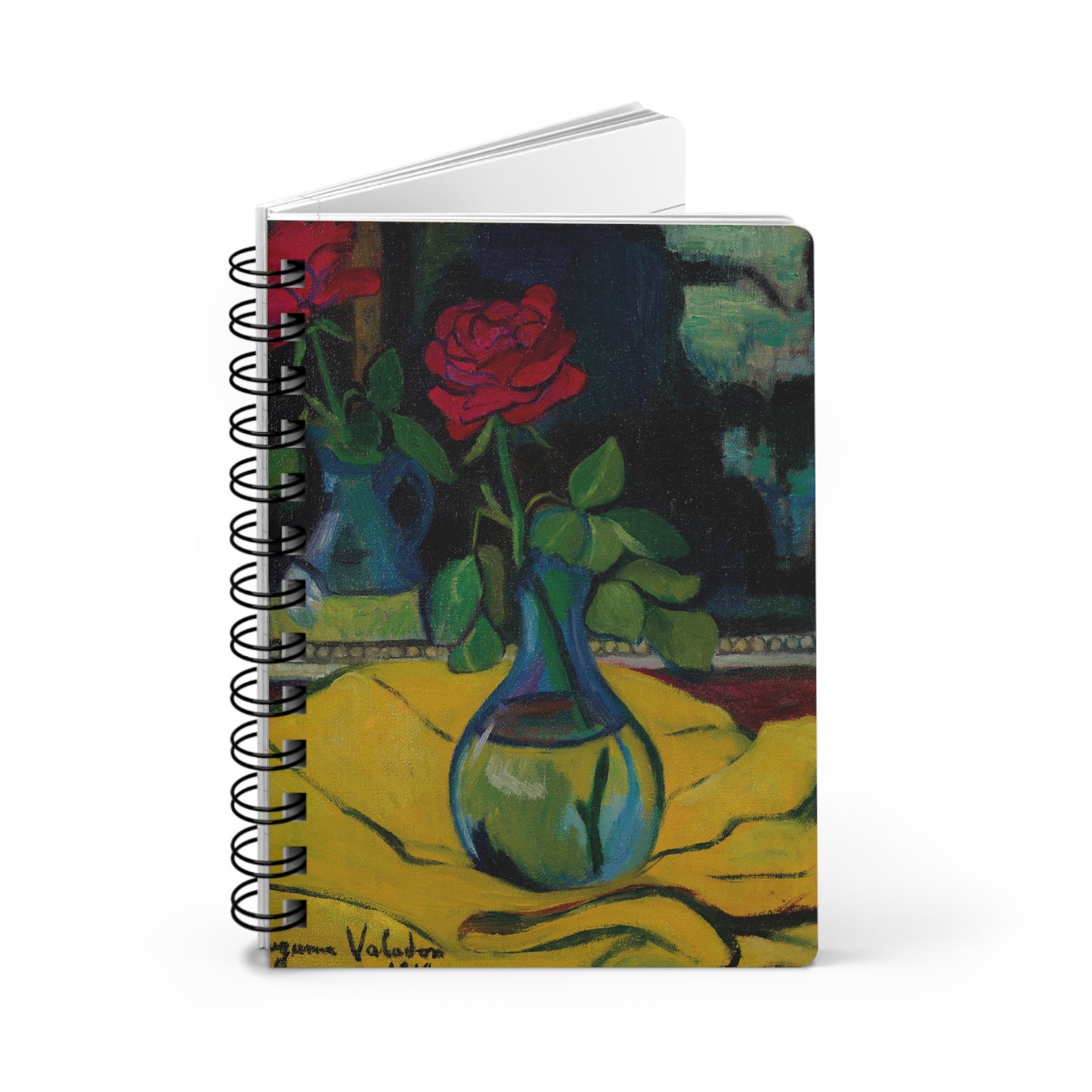 Notebook with a painting of a rose and a vase on the cover