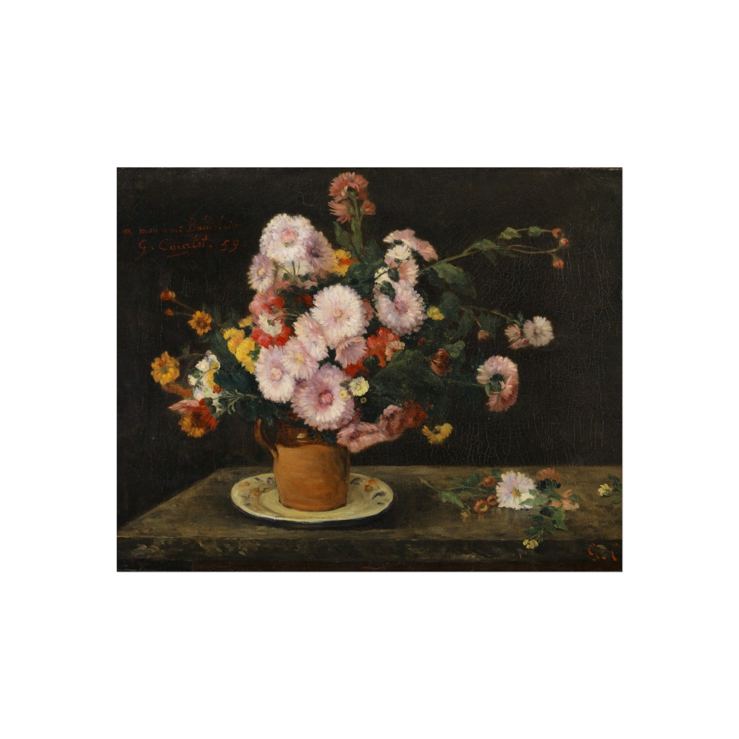 Still life painting of flowers in a vase on a table with a dark background