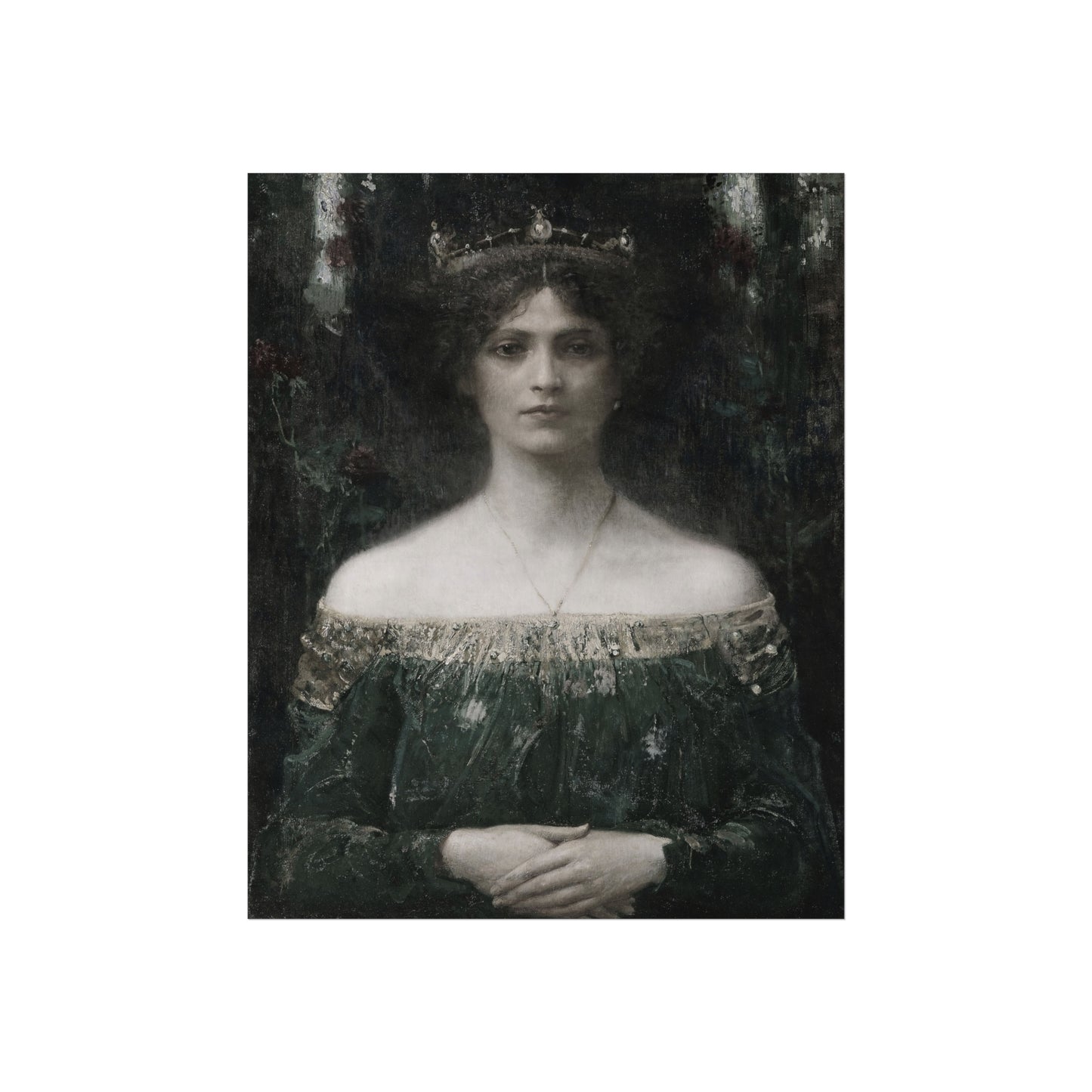 Vintage black and white portrait of a woman wearing an ornate dress.