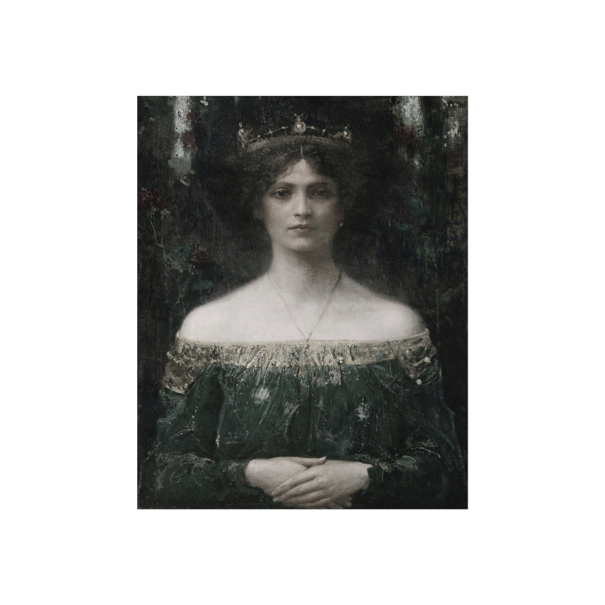 Vintage black and white portrait of a woman wearing an ornate dress.