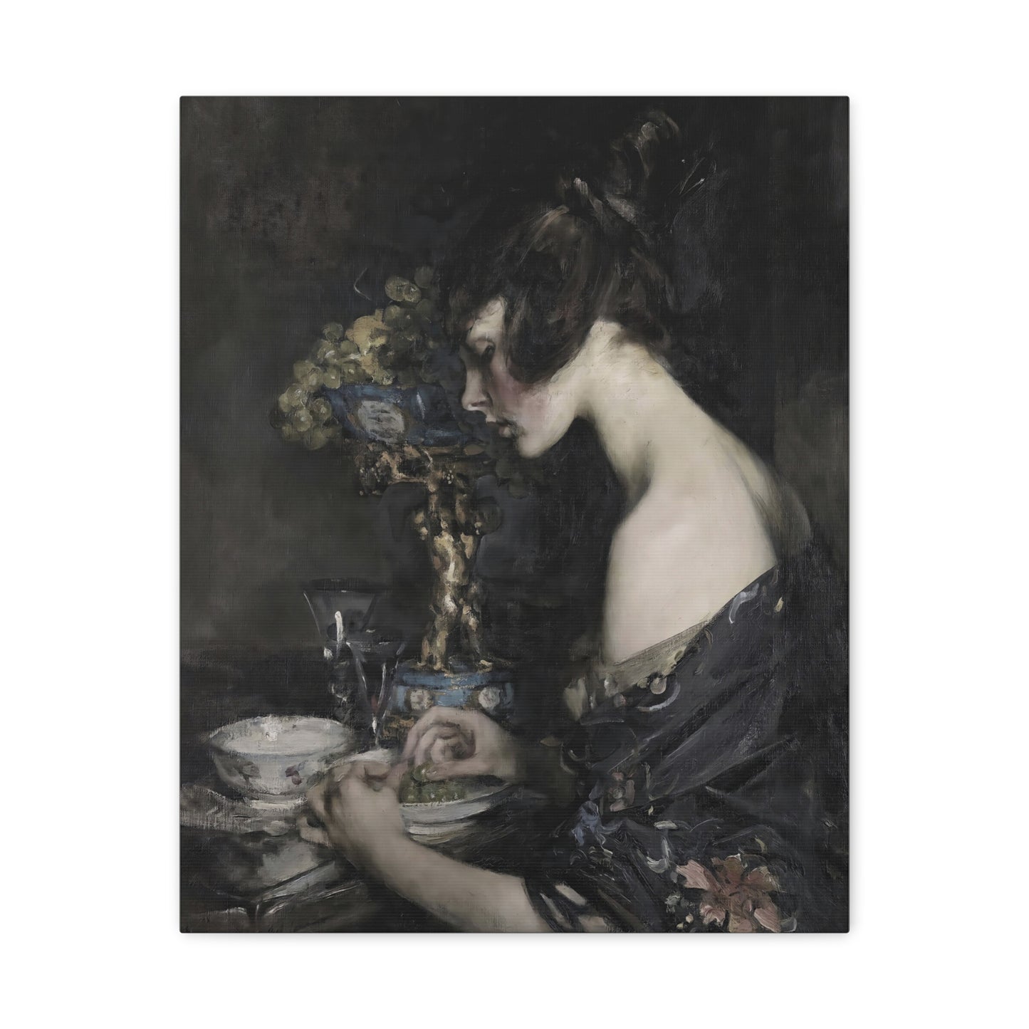 Vintage Portrait Canvas Art — Elegant Woman in Dark Still Life