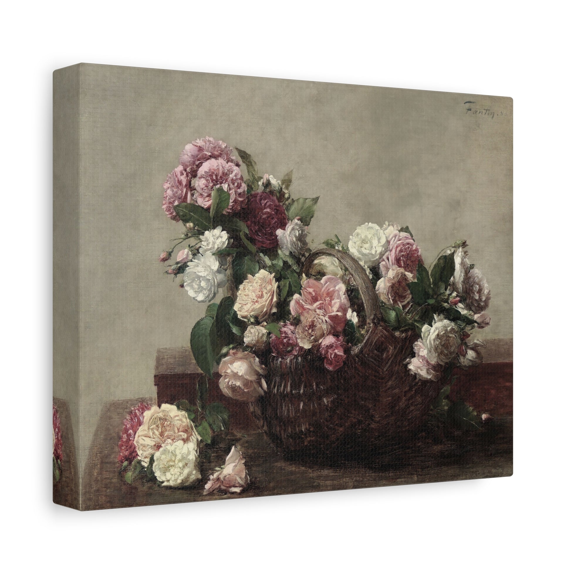 Canvas print of a still life painting featuring a wicker basket with flowers on a wooden surface.