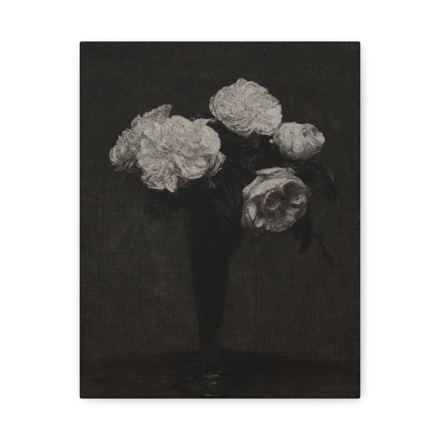 Vintage Black & White Floral Canvas Print — Peonies in Vase, Matte Stretched Wall Art