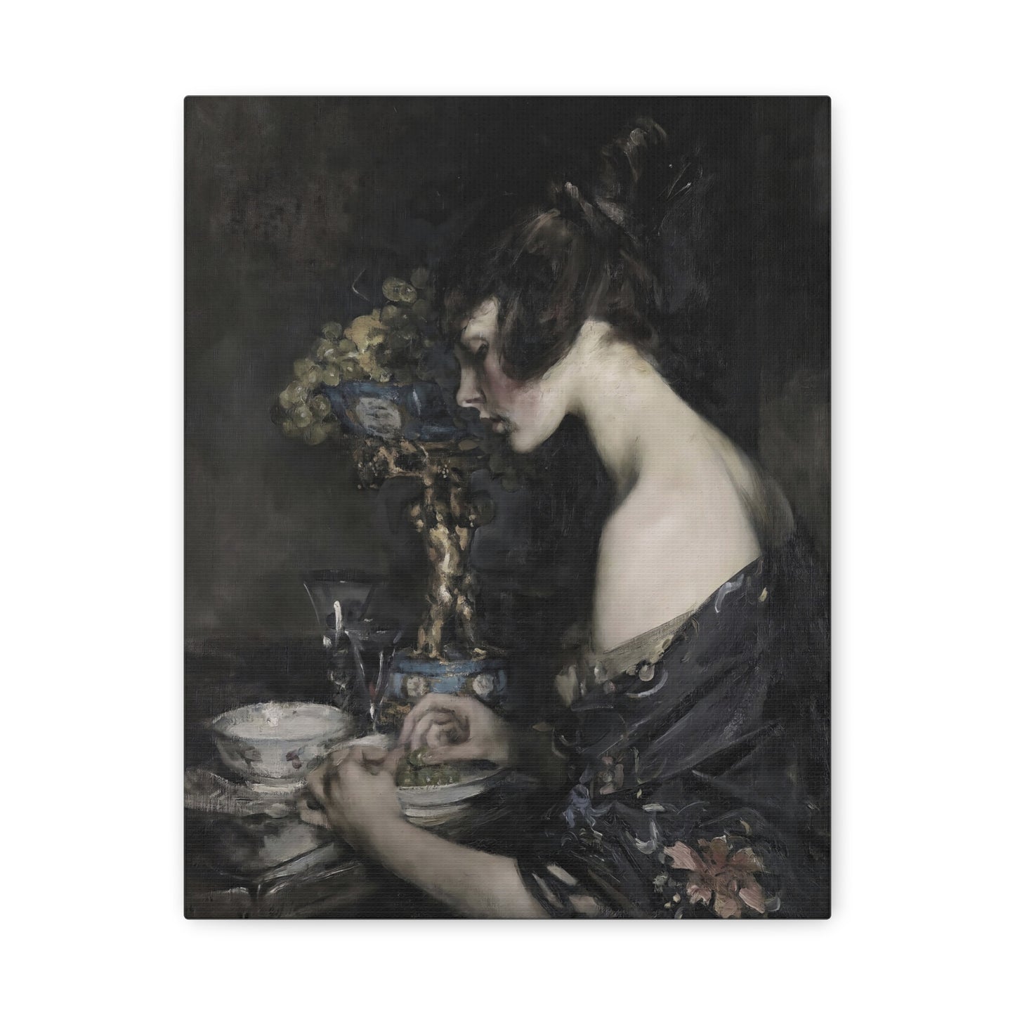 Vintage Portrait Canvas Art — Elegant Woman in Dark Still Life