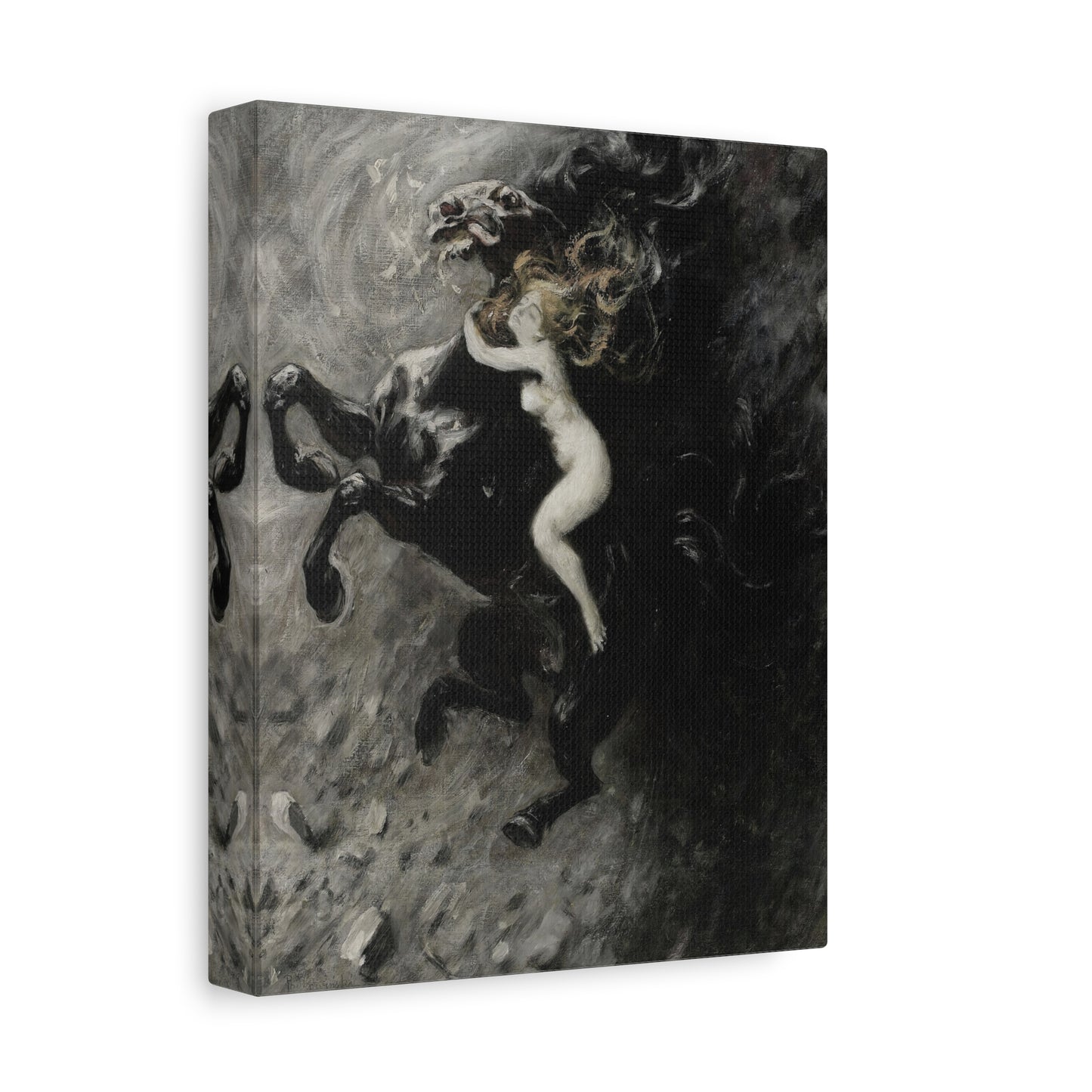 Dark Myth Canvas Print — Woman Riding Black Horse Matte Stretched Art