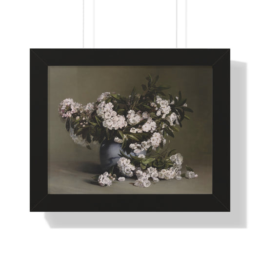 Framed Floral Still Life Poster — Vintage White Blossom Wall Art