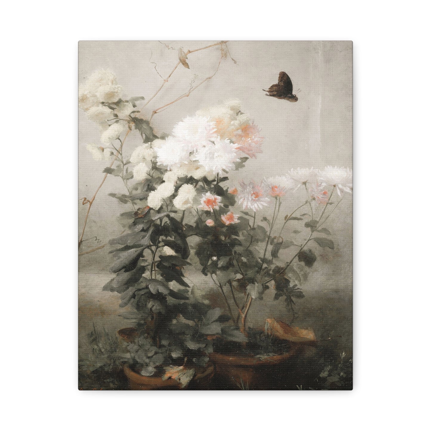 Vintage Floral Canvas Wall Art – Soft Botanical Print with Butterfly (Matte Stretched)