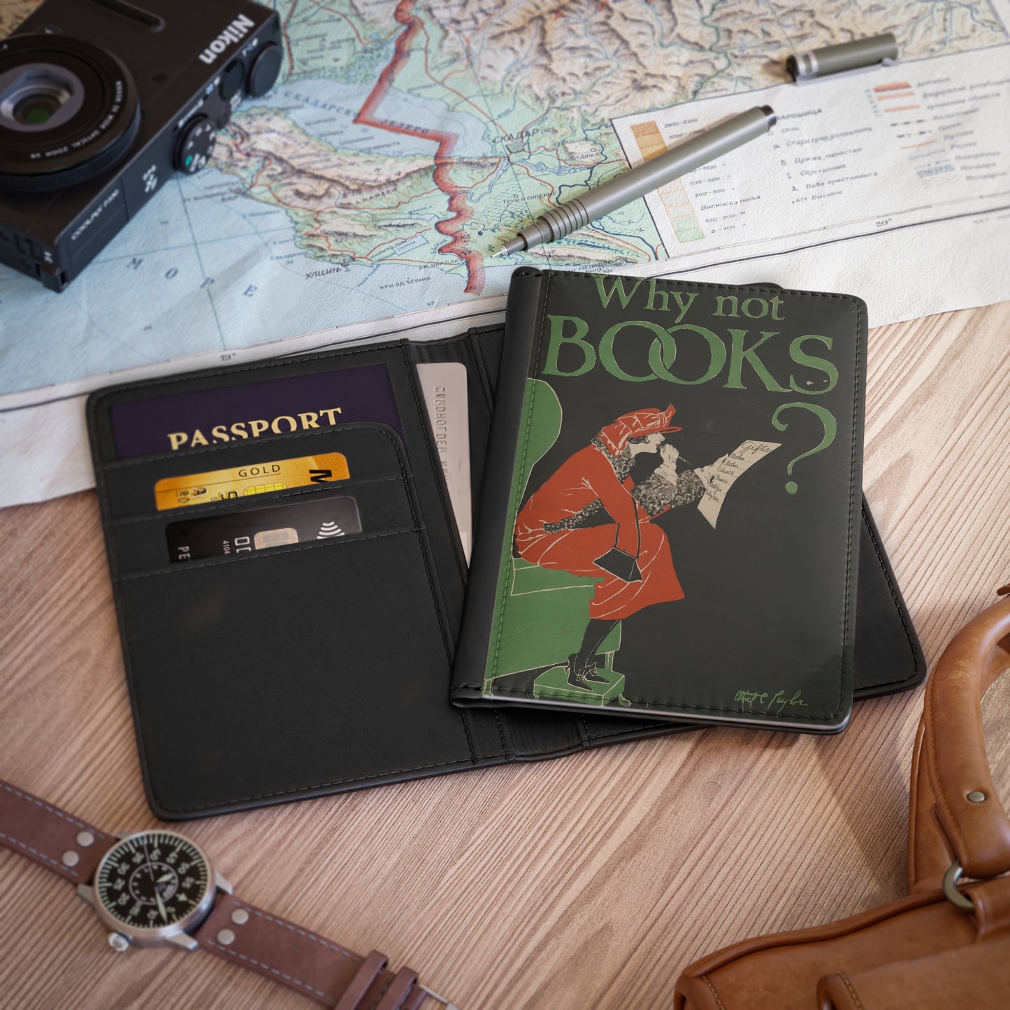 Why Not Books? Vintage Traveler Passport Cover with vintage reader illustration and green and red artful print design