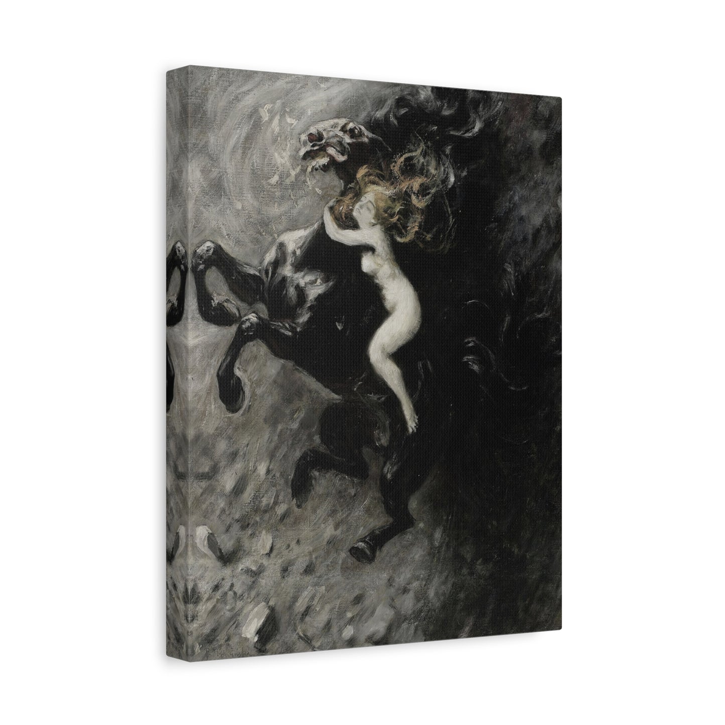 Dark Myth Canvas Print — Woman Riding Black Horse Matte Stretched Art