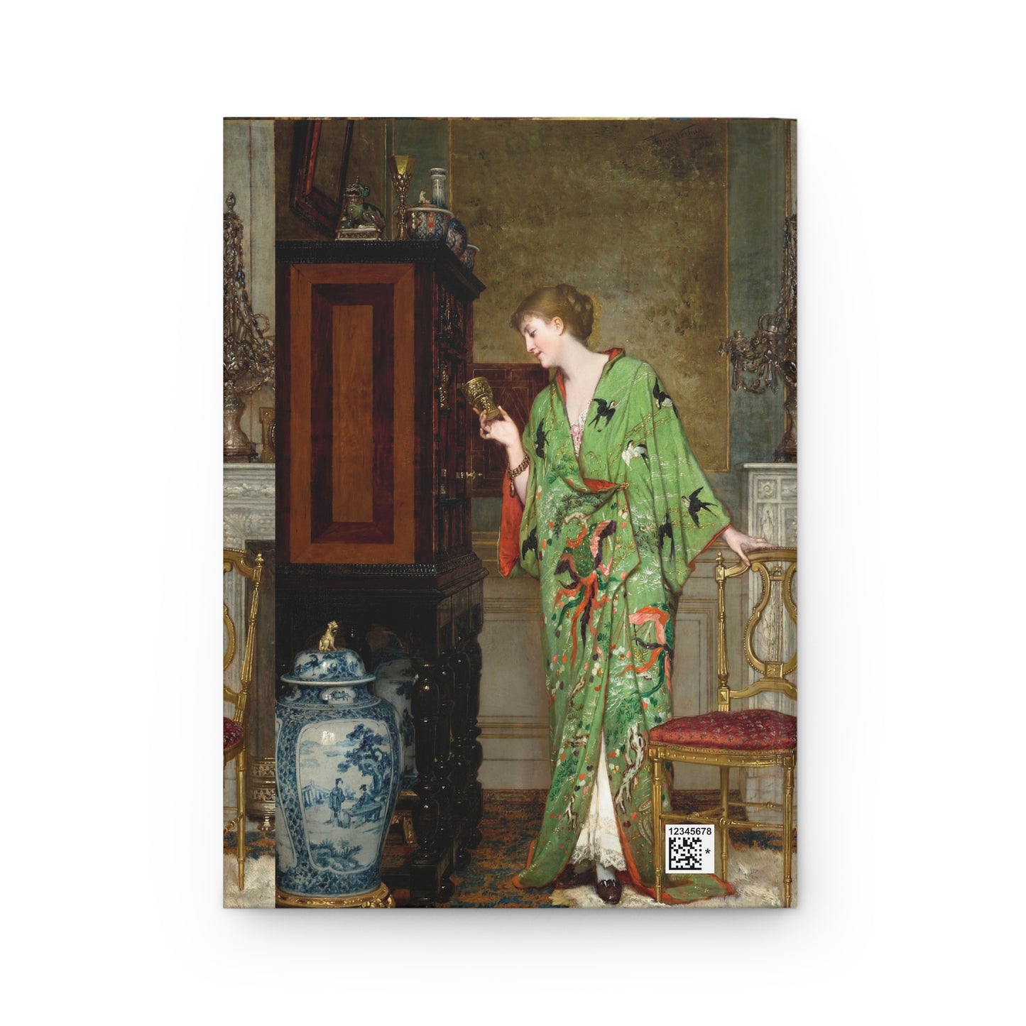 Woman in a green dress standing in a room with a blue and white vase.