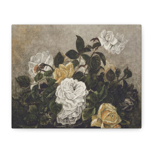 Vintage White & Yellow Rose Matte Canvas Wall Art - Stretched Floral Print