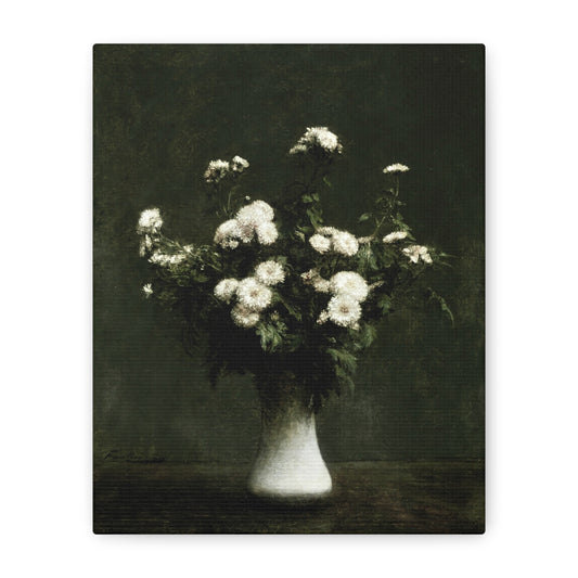 Vintage White Floral Vase Canvas Print — Moody Botanical Wall Art