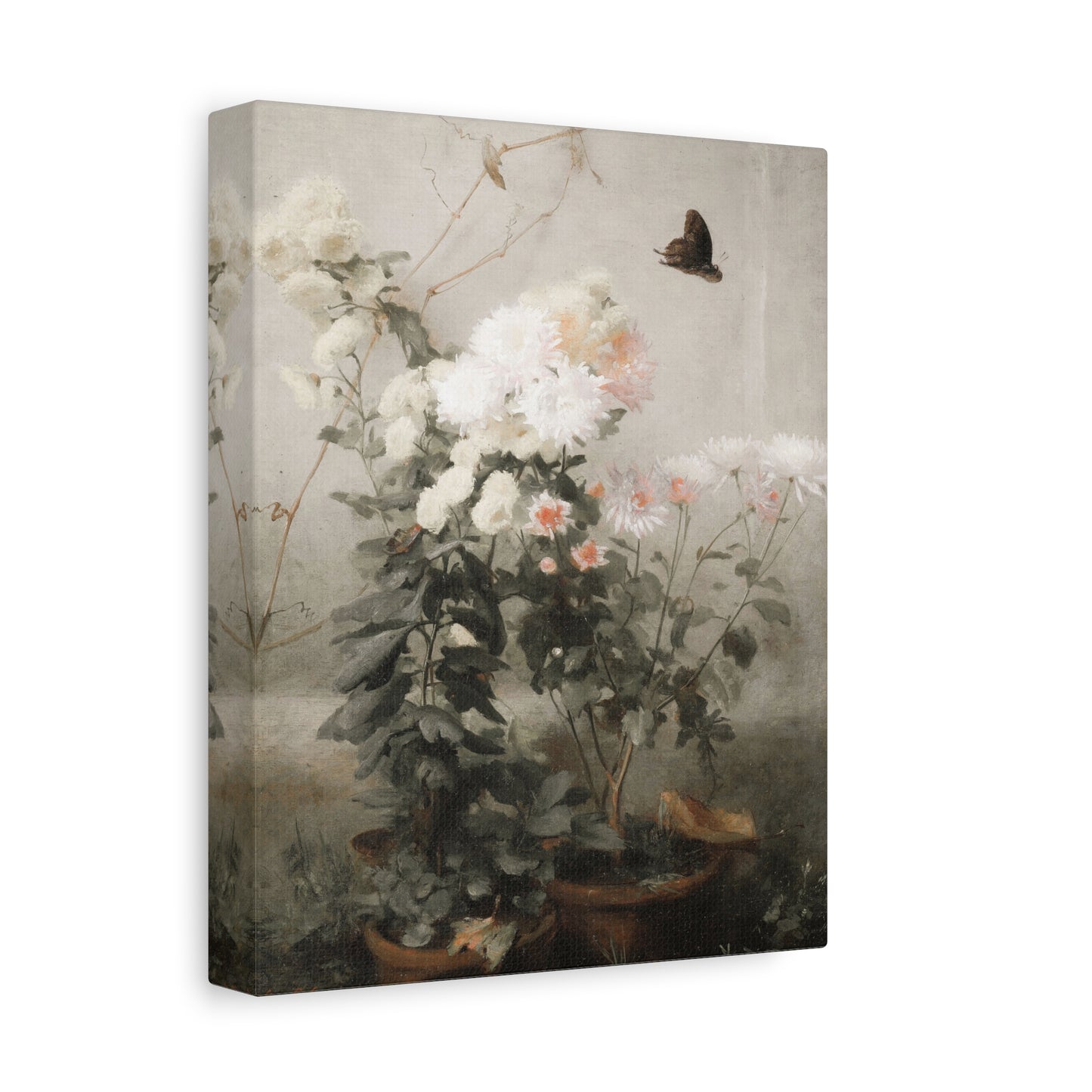 Vintage Floral Canvas Wall Art – Soft Botanical Print with Butterfly (Matte Stretched)