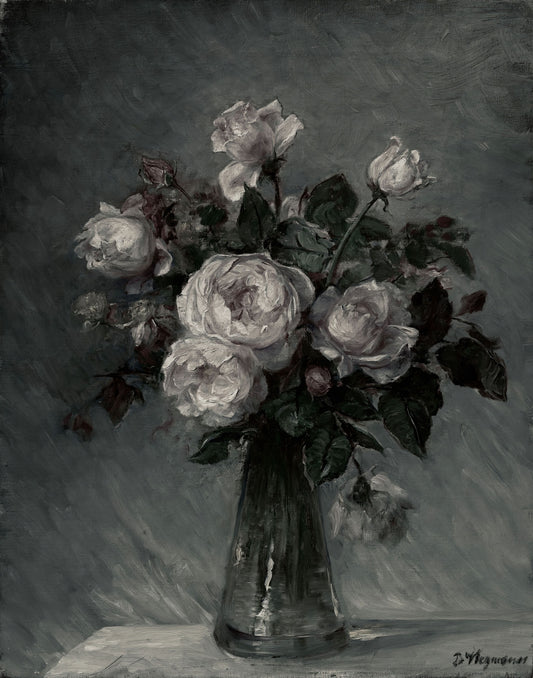 Still life painting of white roses in a glass vase on a dark background