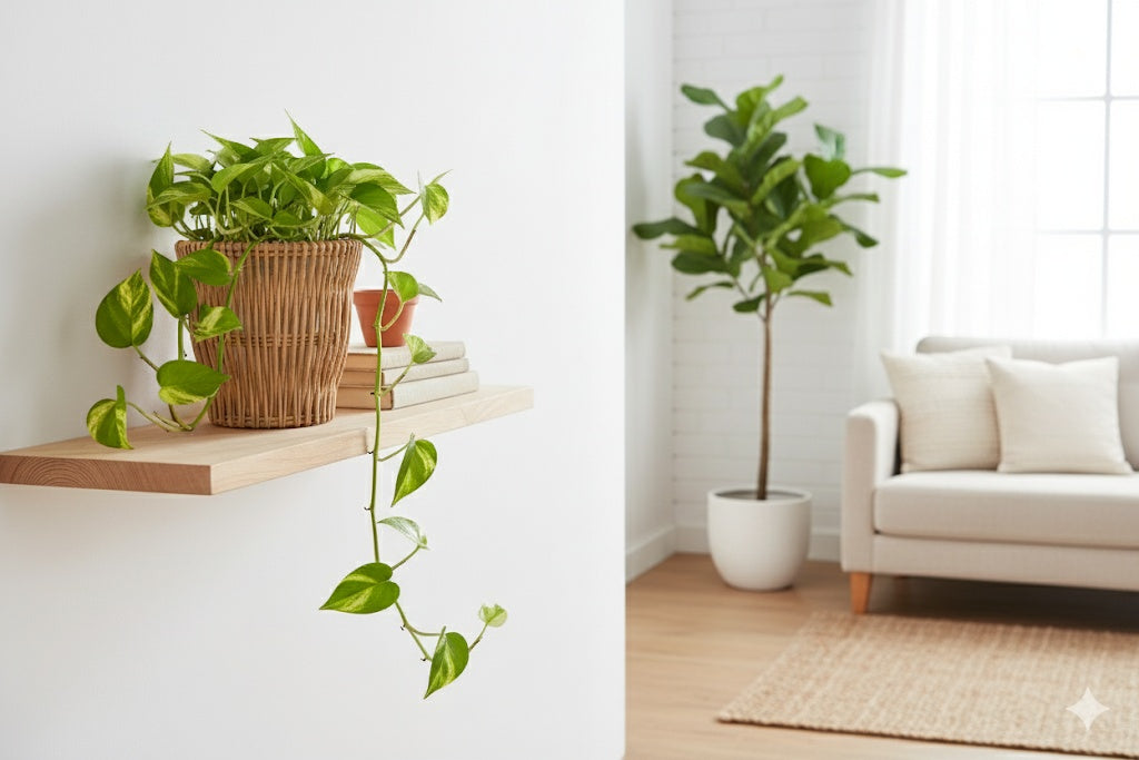 Two indoor plants in a home setting with a shelf and sofa.