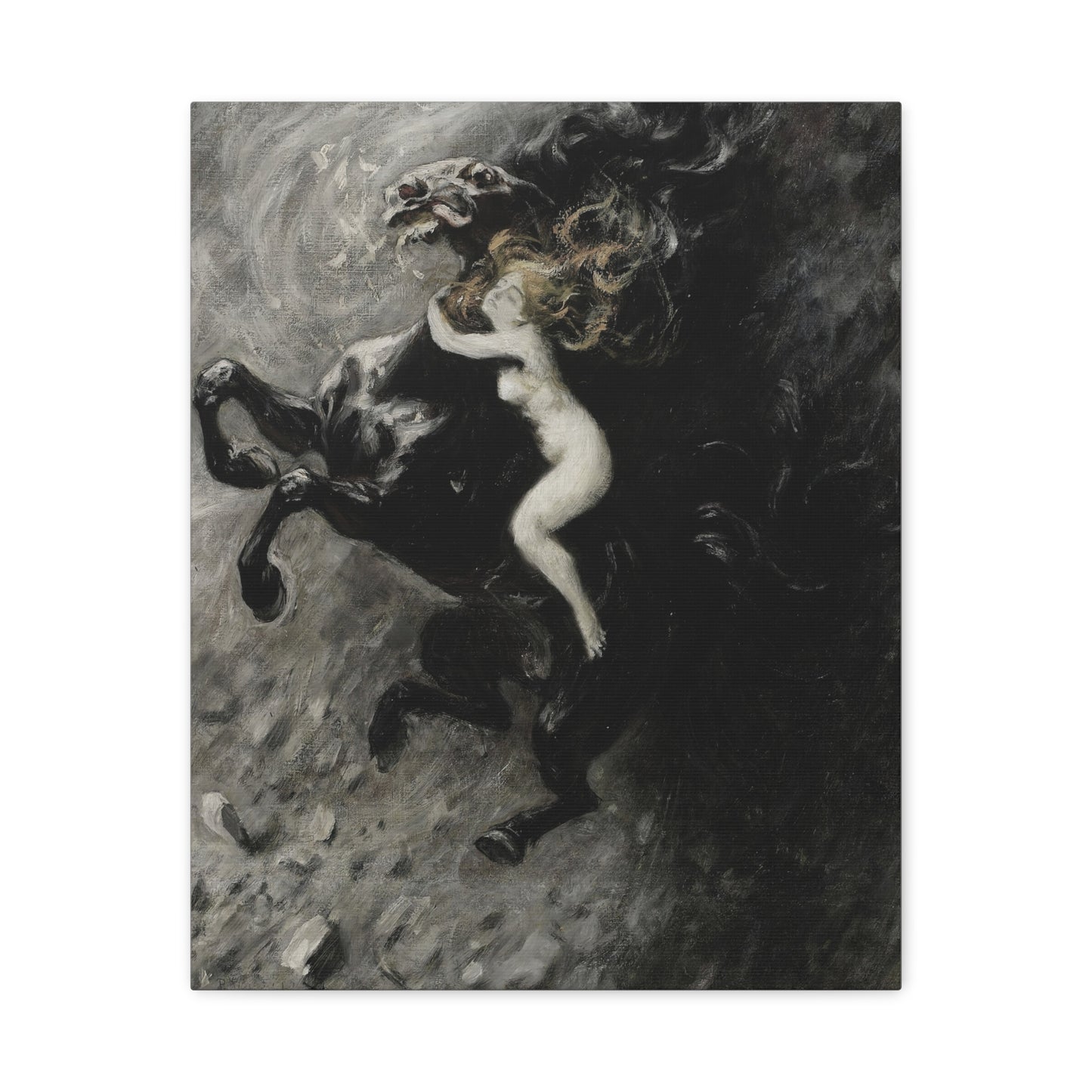 Dark Myth Canvas Print — Woman Riding Black Horse Matte Stretched Art