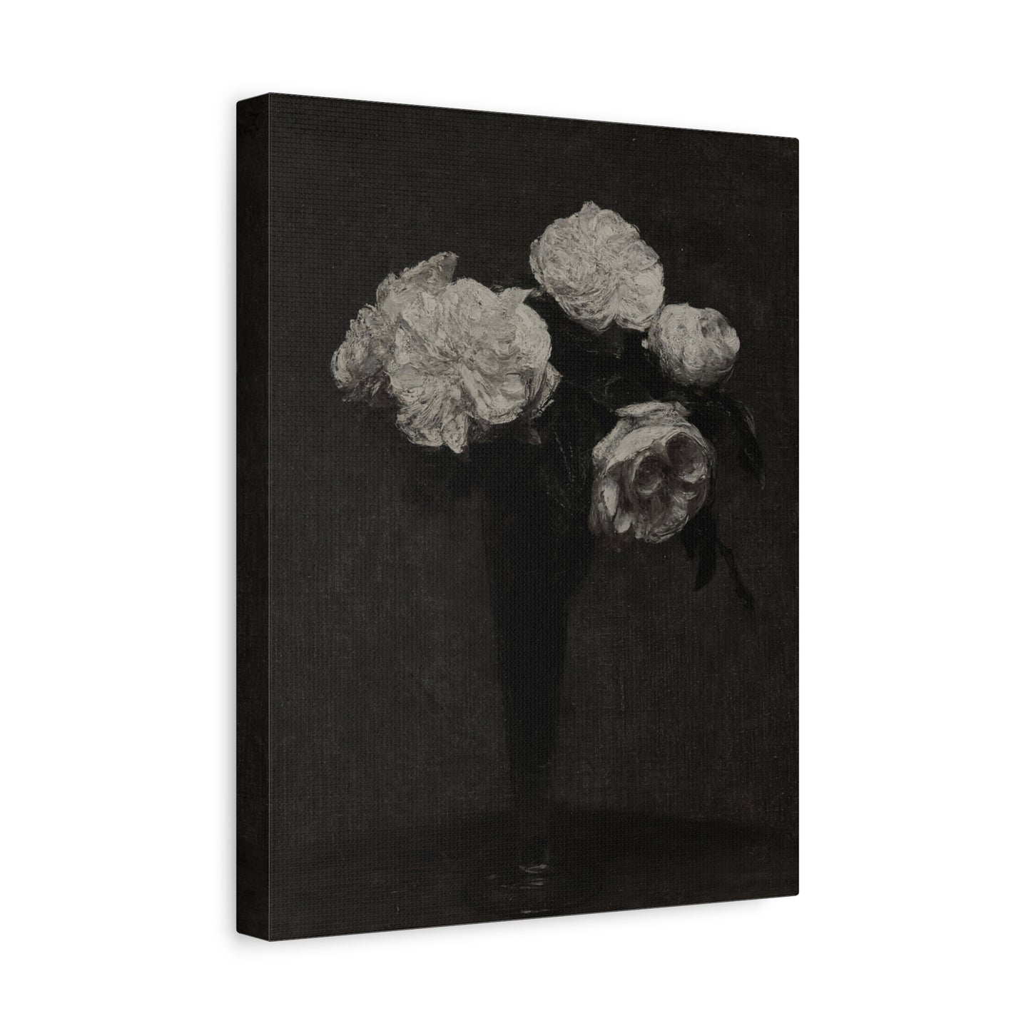 Vintage Black & White Floral Canvas Print — Peonies in Vase, Matte Stretched Wall Art
