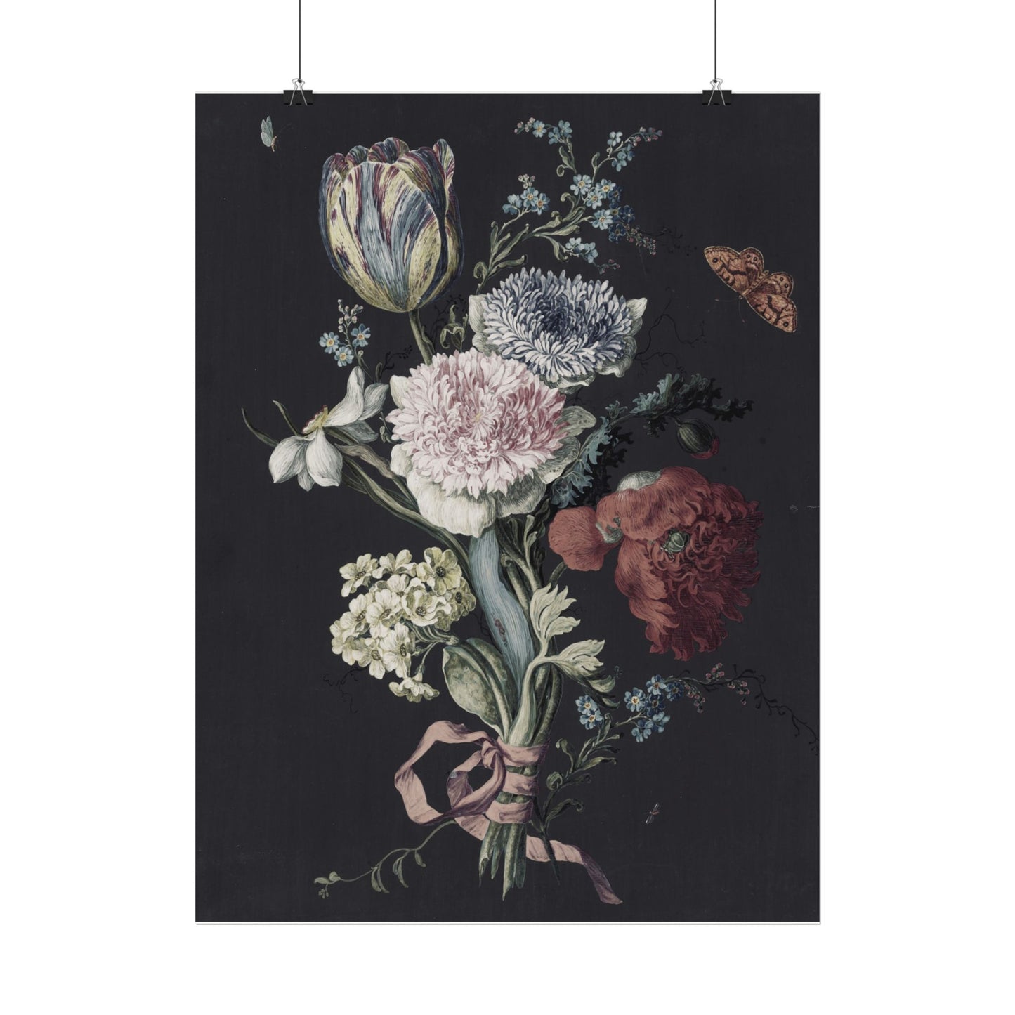 Dark Floral Watercolor Poster — Textured Matte Botanical Wall Art