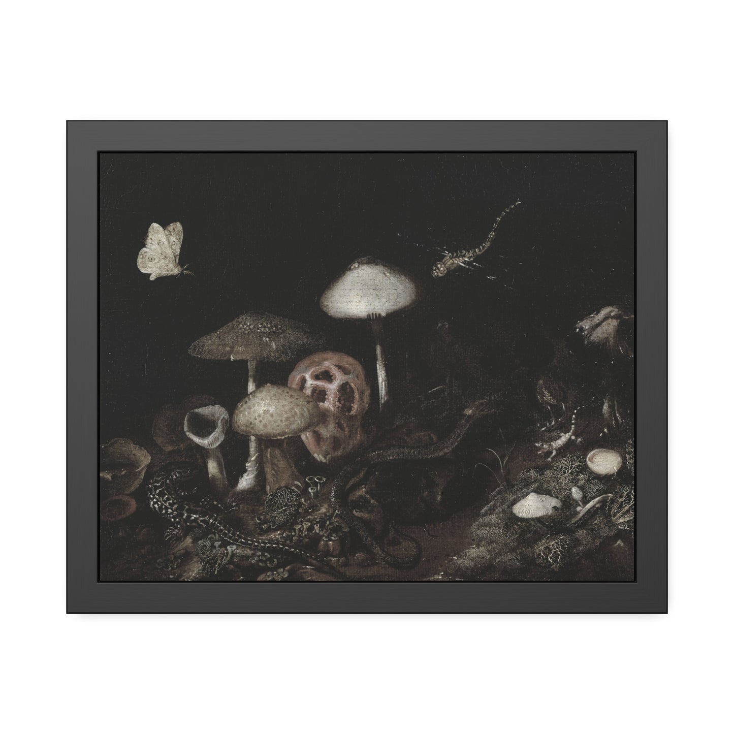 Framed Mushroom Art Print — Dark Botanical Poster with Moth