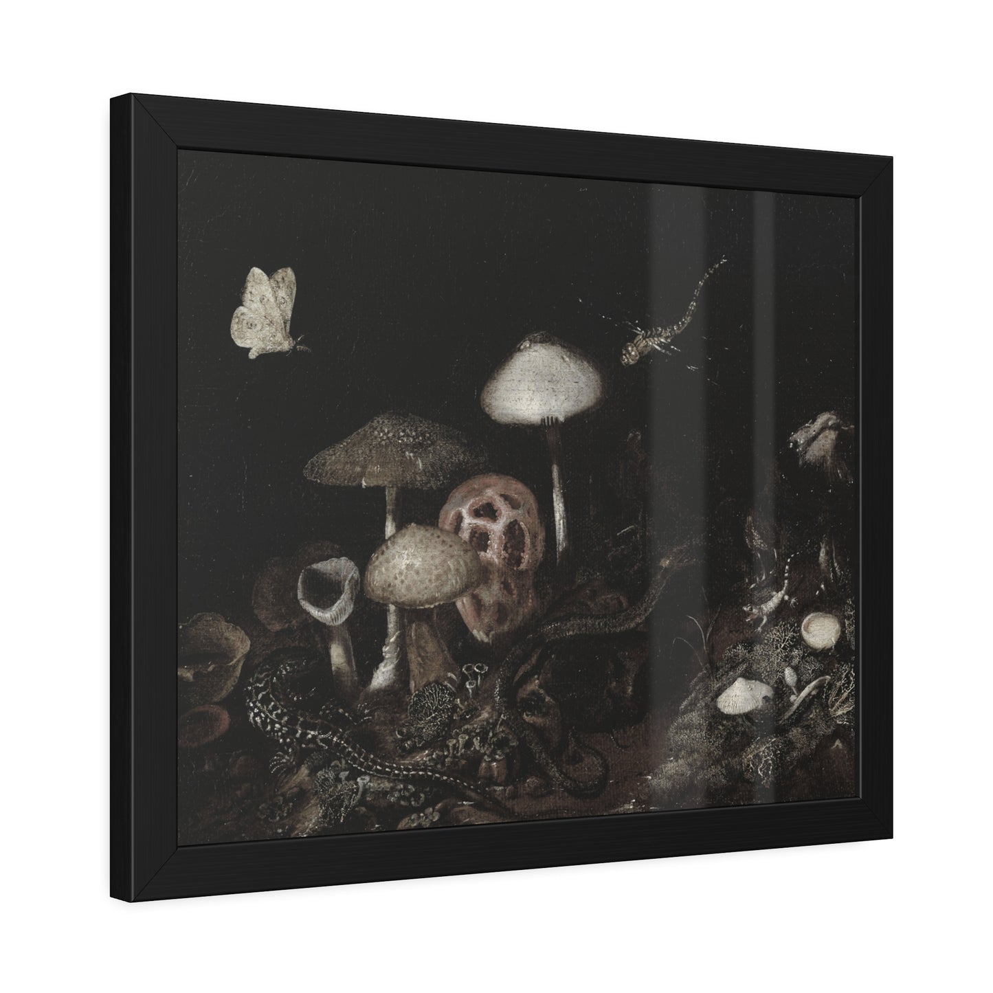 Framed Mushroom Art Print — Dark Botanical Poster with Moth