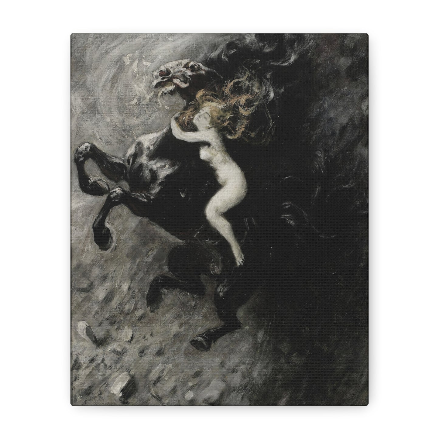 Dark Myth Canvas Print — Woman Riding Black Horse Matte Stretched Art
