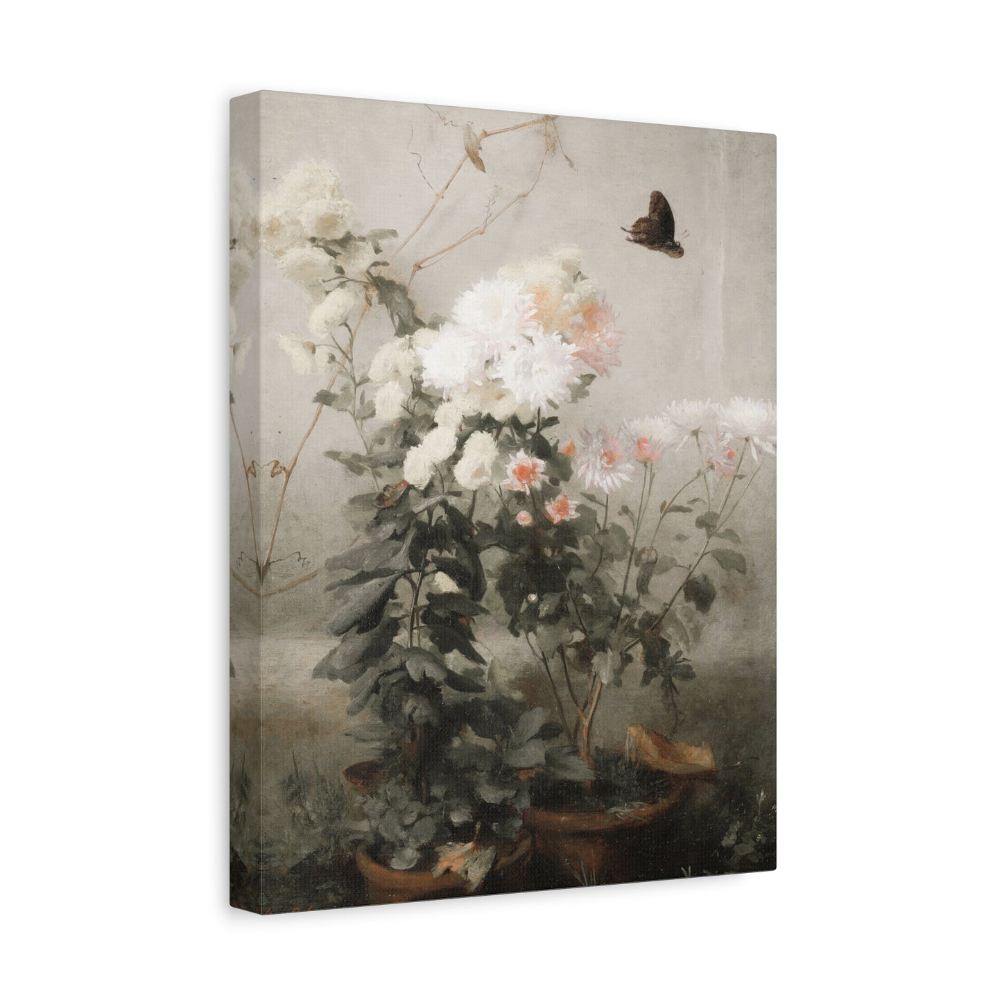 Vintage Floral Canvas Wall Art – Soft Botanical Print with Butterfly (Matte Stretched)