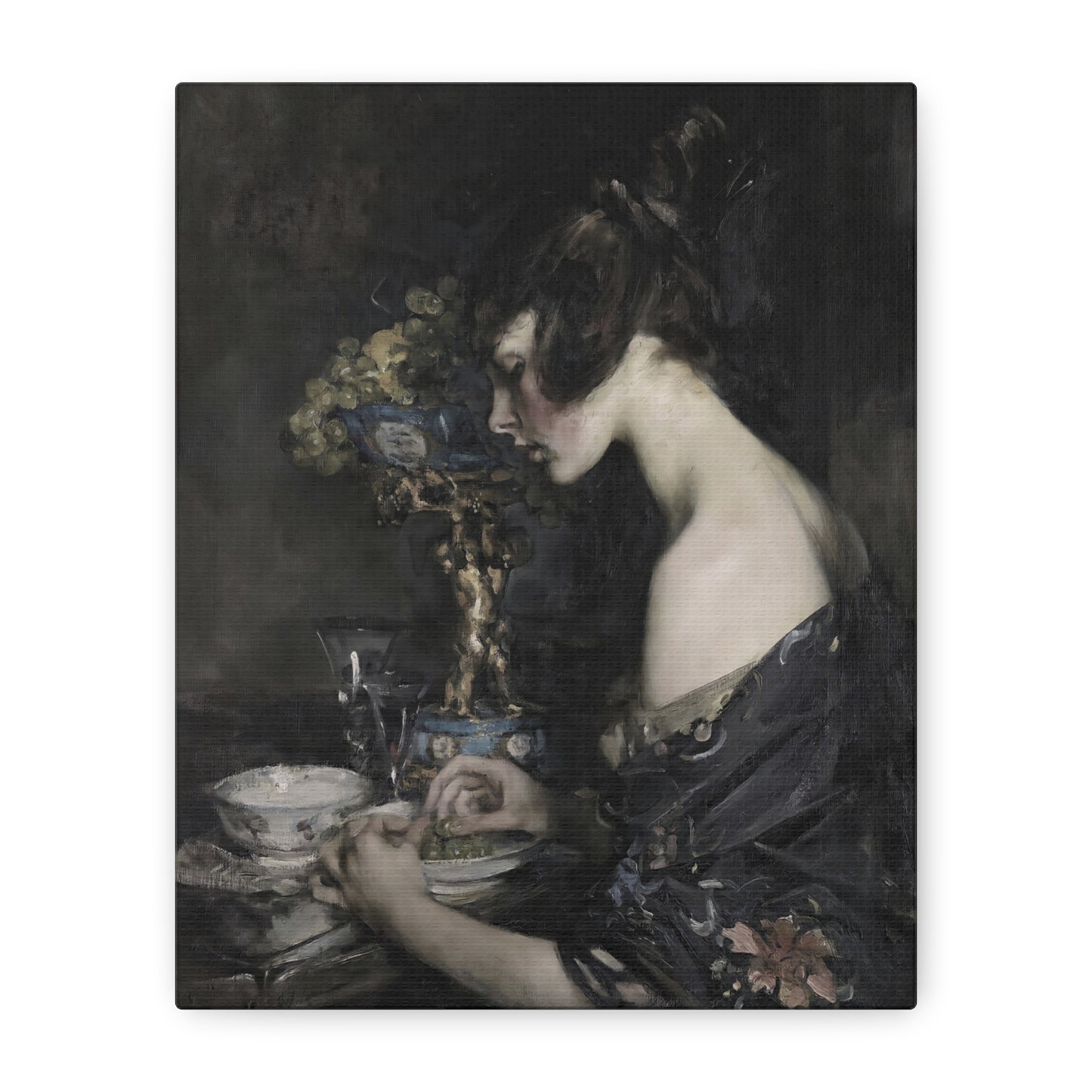 Vintage Portrait Canvas Art — Elegant Woman in Dark Still Life