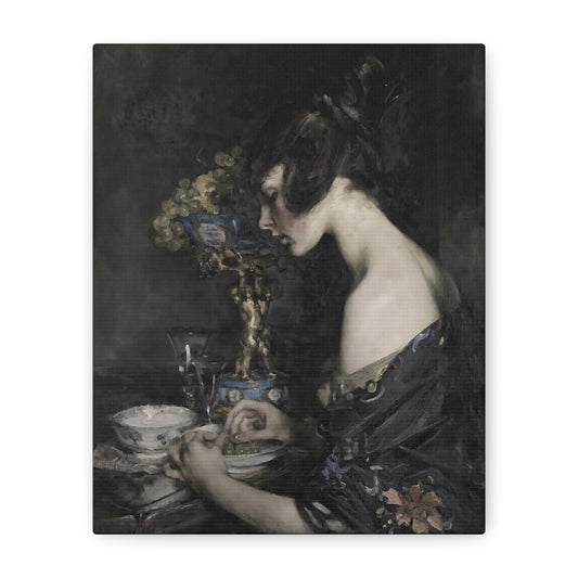 Vintage Portrait Canvas Art — Elegant Woman in Dark Still Life