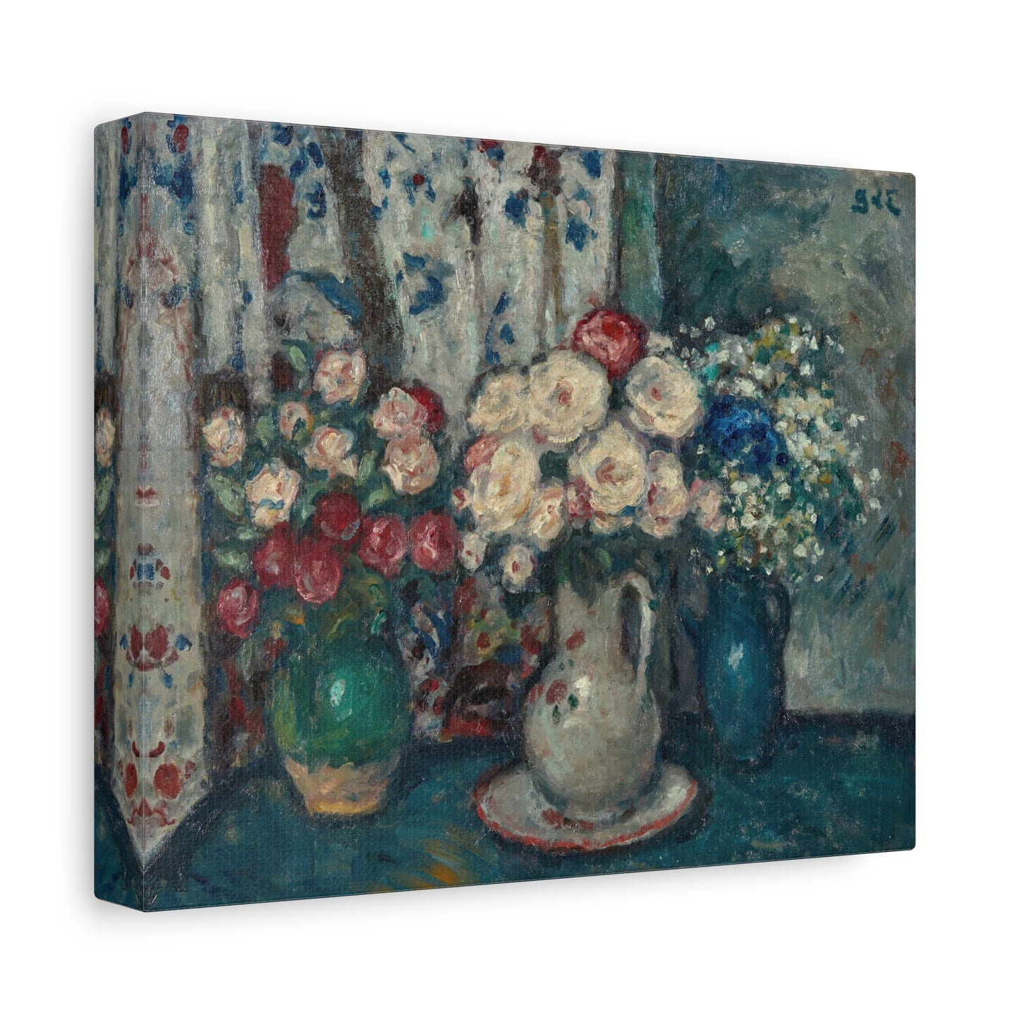 Canvas print of a still life painting with flowers and vases.