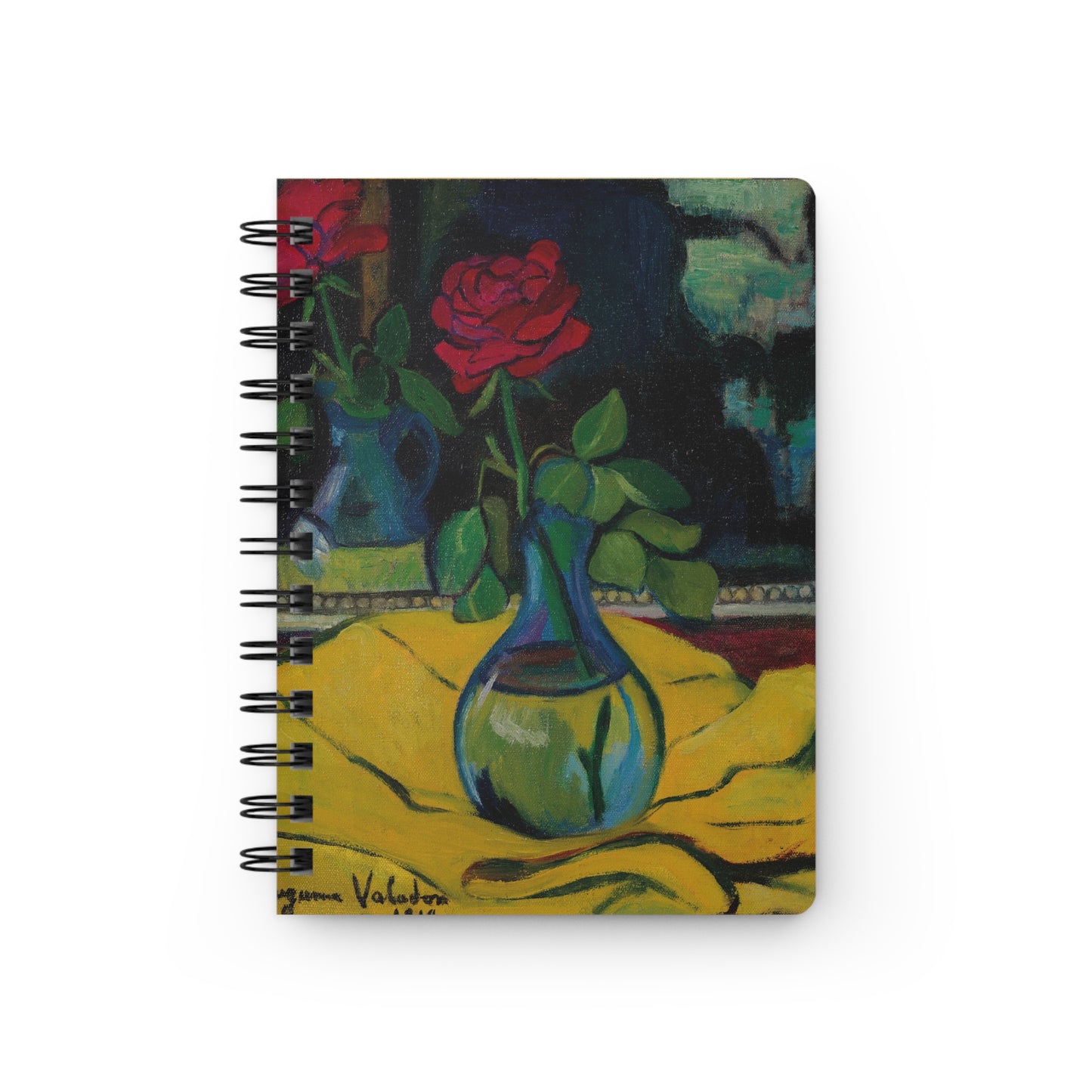 Notebook with a painting of a vase and flowers on the cover