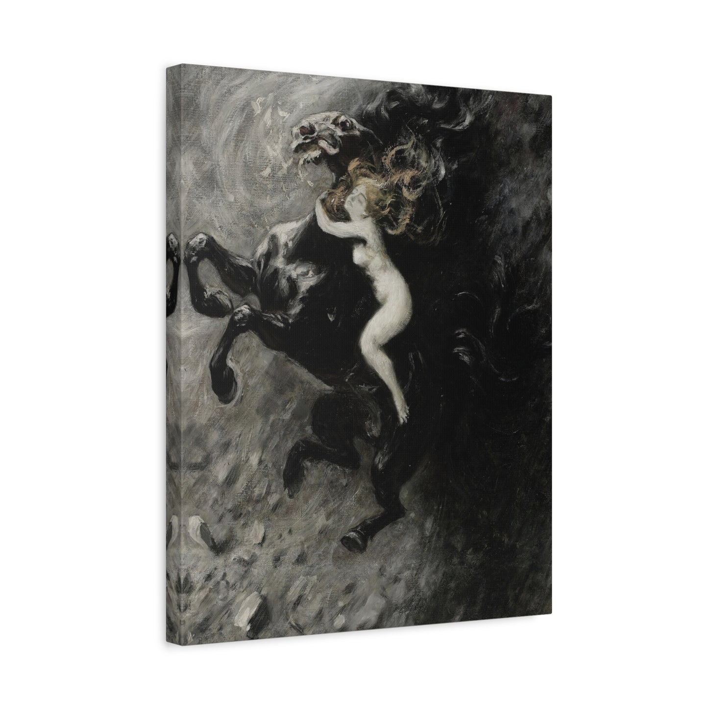 Dark Myth Canvas Print — Woman Riding Black Horse Matte Stretched Art