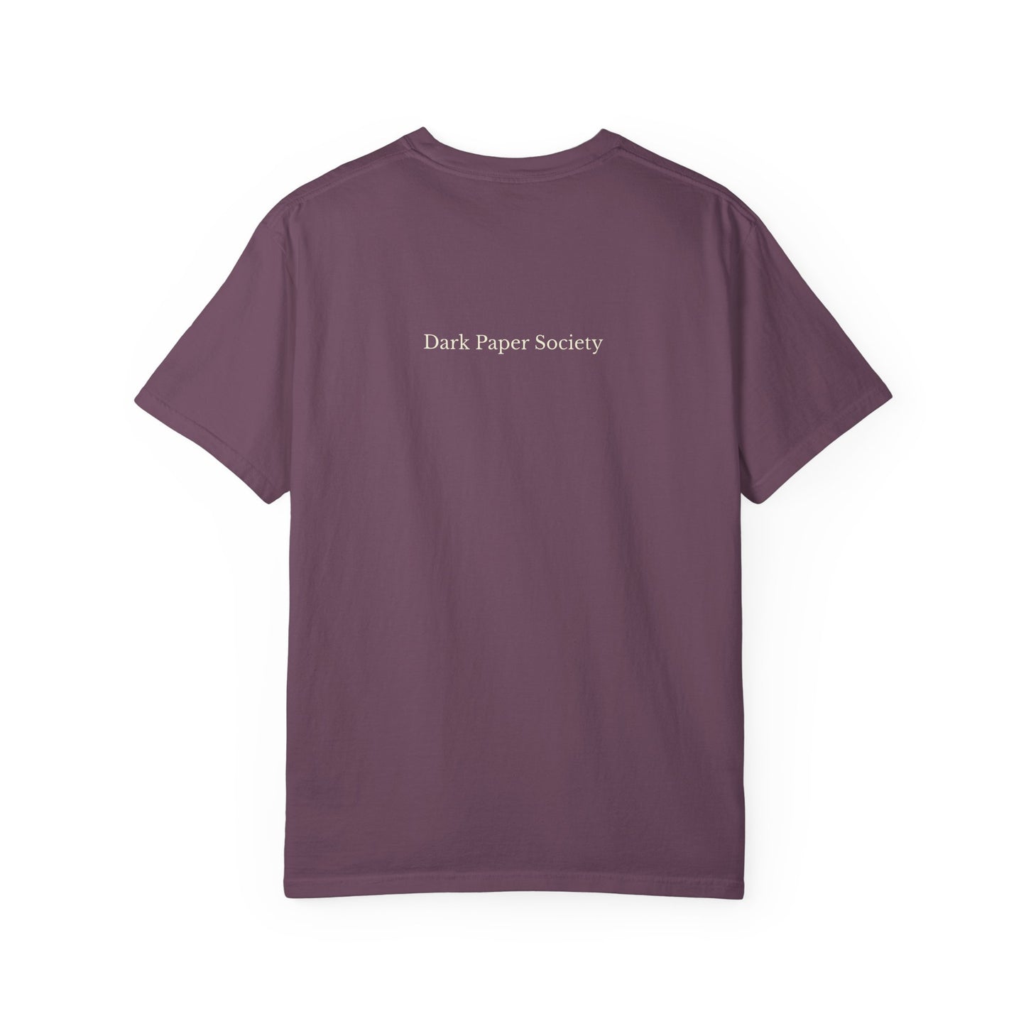 Purple t-shirt with 'Dark Paper Society' text on the back against a white background