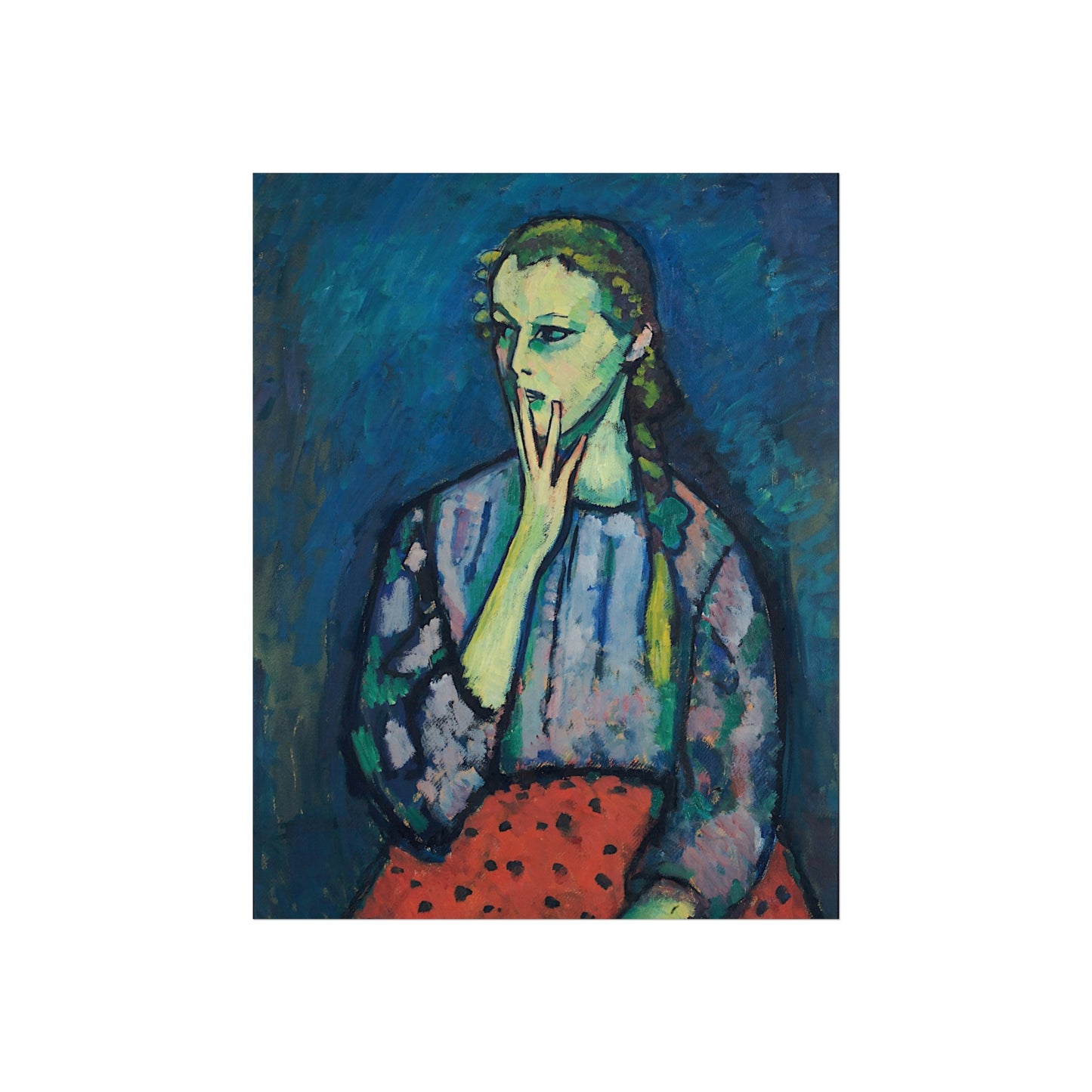 Fine Art Poster - Blue Portrait Woman Print, Expressionist Wall Art for Living Room & Gallery