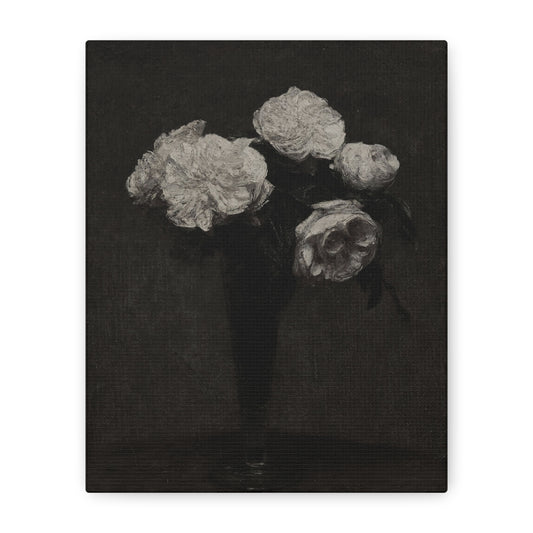 Vintage Black & White Floral Canvas Print — Peonies in Vase, Matte Stretched Wall Art