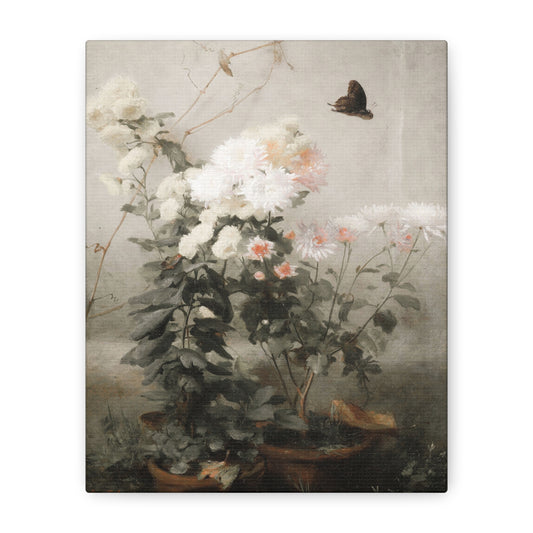 Vintage Floral Canvas Wall Art – Soft Botanical Print with Butterfly (Matte Stretched)