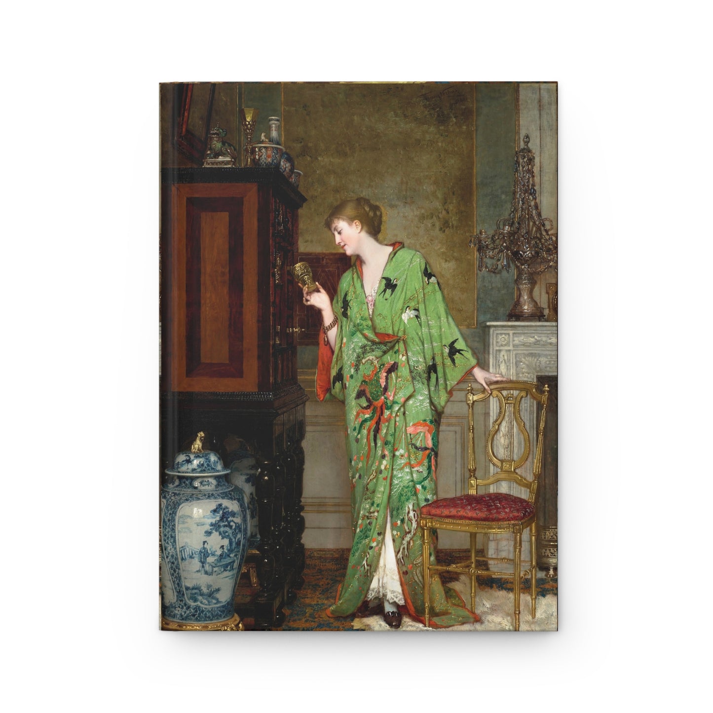Woman in a green kimono standing in an ornate room with furniture and decor.