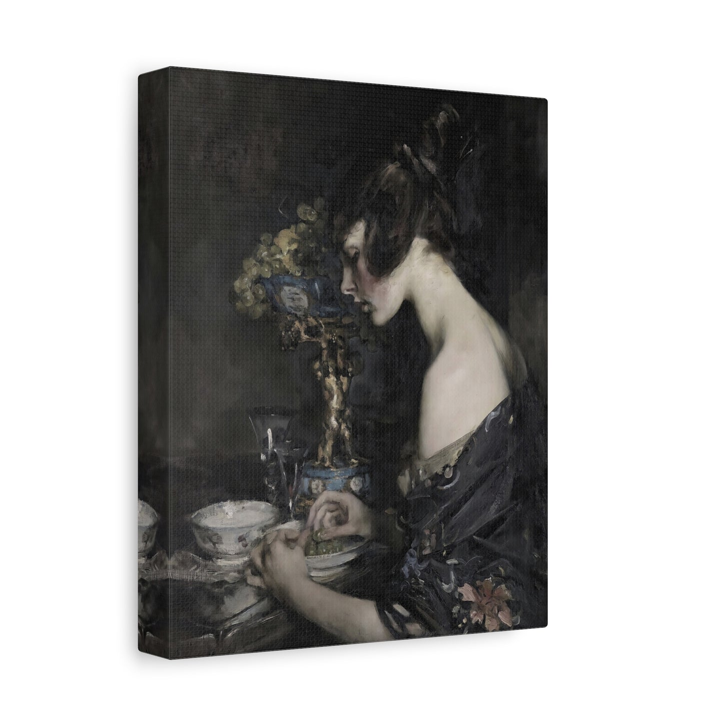 Vintage Portrait Canvas Art — Elegant Woman in Dark Still Life