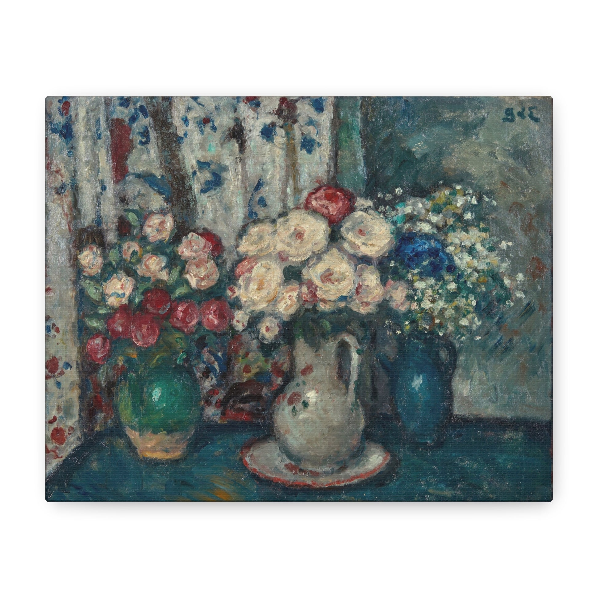 Still life painting with flowers and vases on a table
