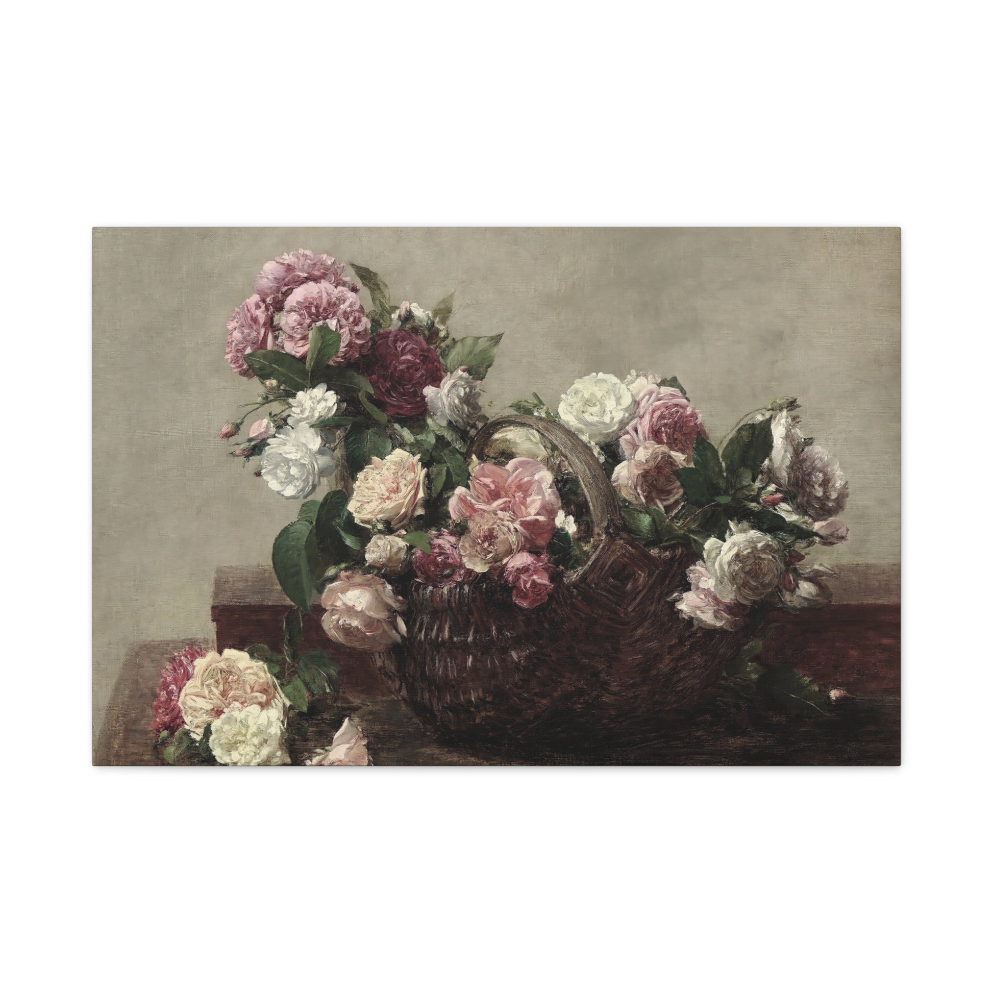 Basket of flowers with pink, white, and green blossoms on a textured surface