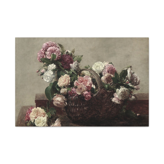 Basket of flowers with pink, white, and green blossoms on a textured surface