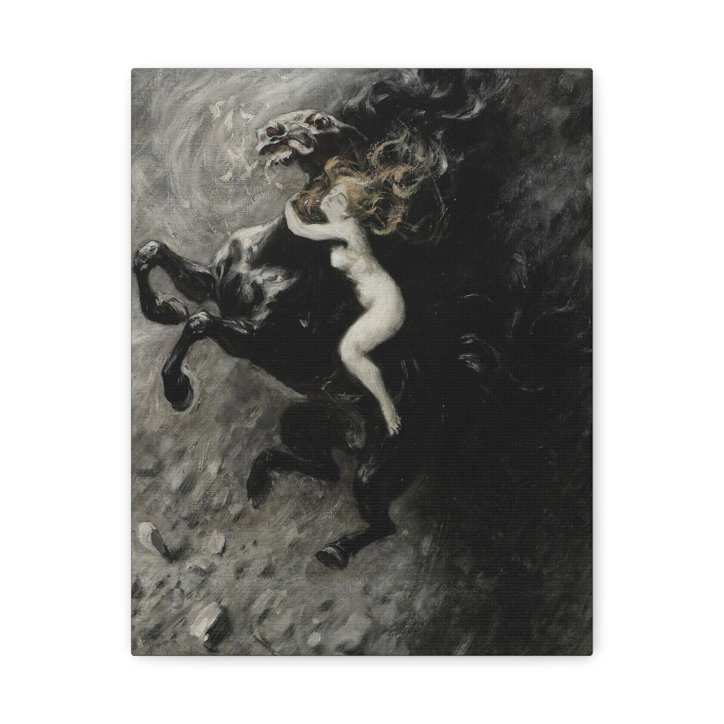 Dark Myth Canvas Print — Woman Riding Black Horse Matte Stretched Art