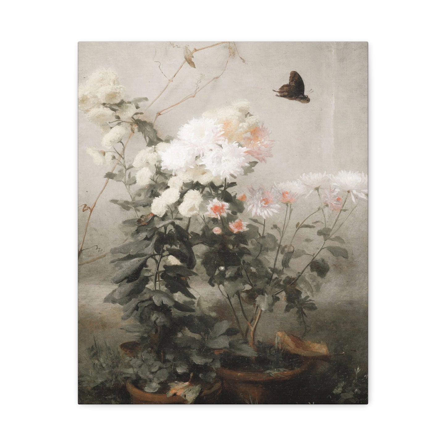 Vintage Floral Canvas Wall Art – Soft Botanical Print with Butterfly (Matte Stretched)
