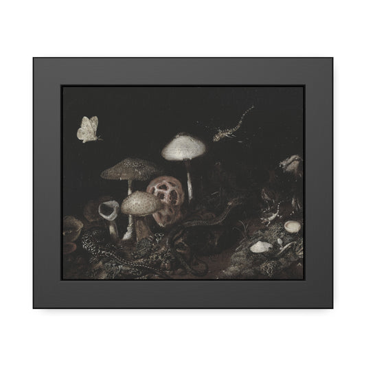 Framed Mushroom Art Print — Dark Botanical Poster with Moth