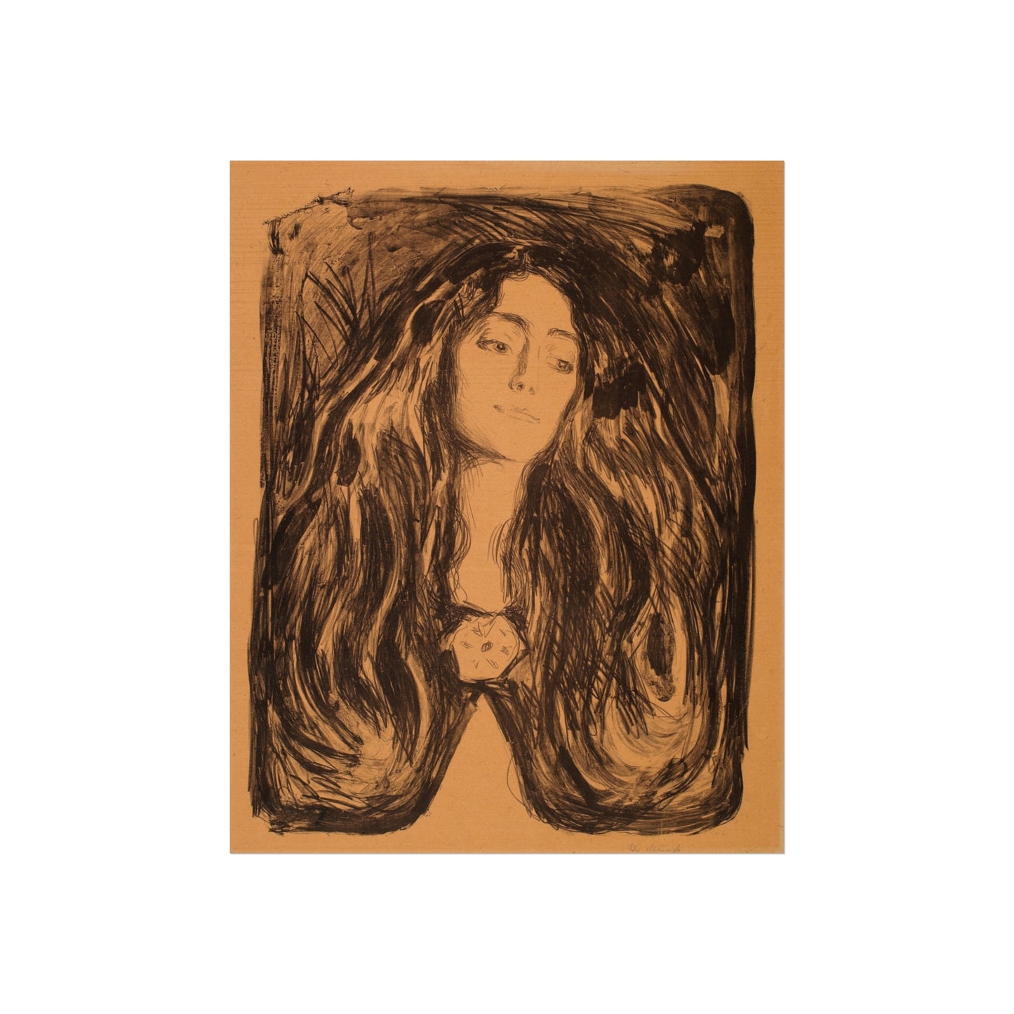 Artistic depiction of a woman with long hair on a brown background