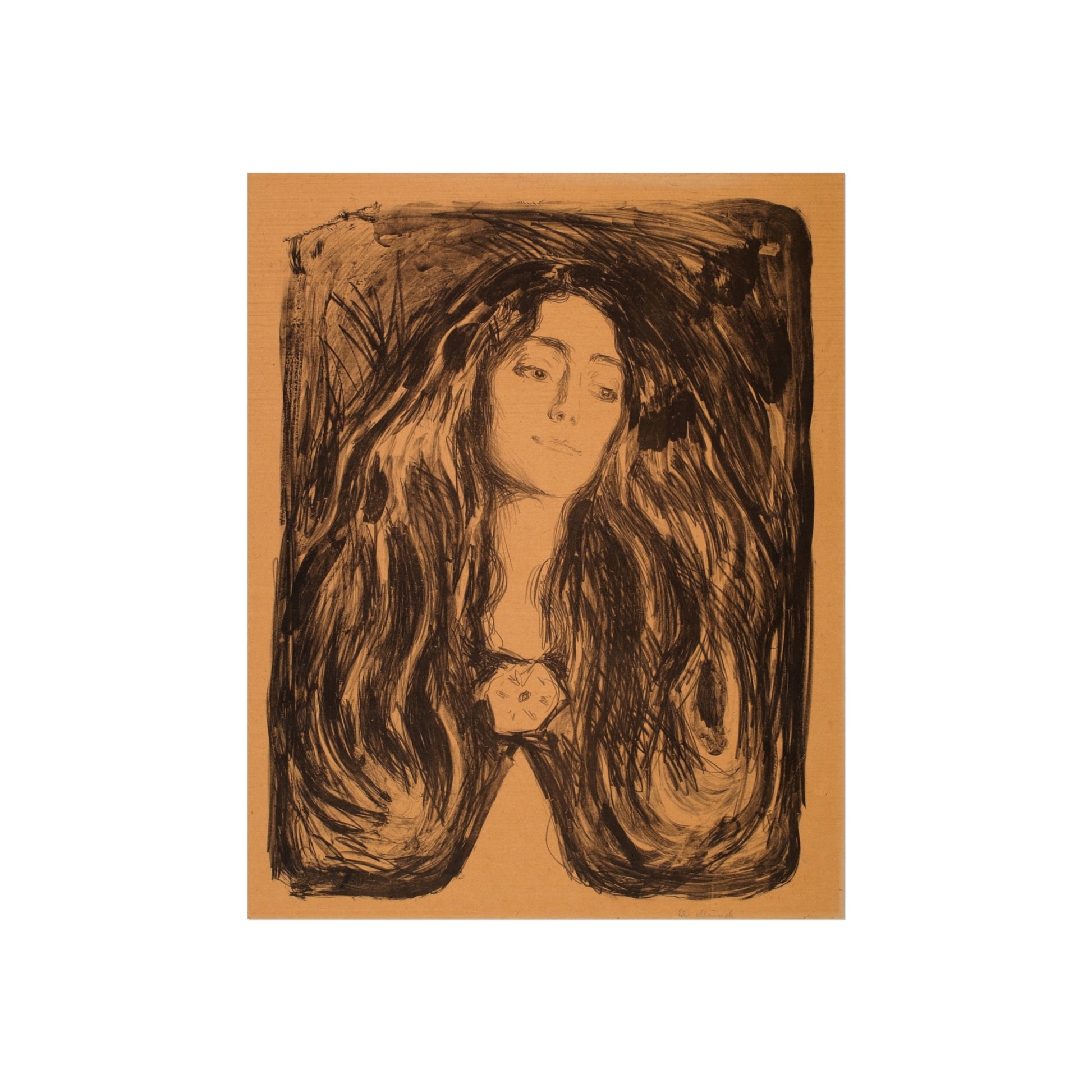 Artistic depiction of a woman with long hair on a brown background