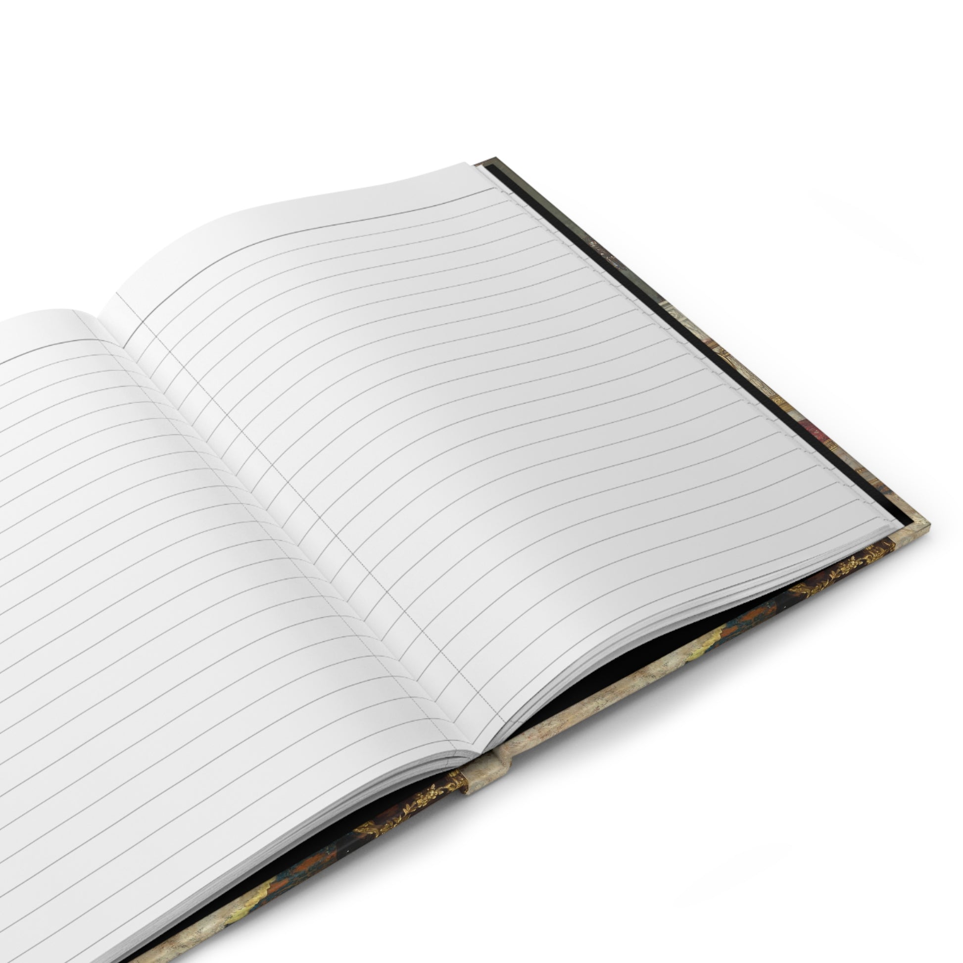 Open notebook with lined pages on a white background