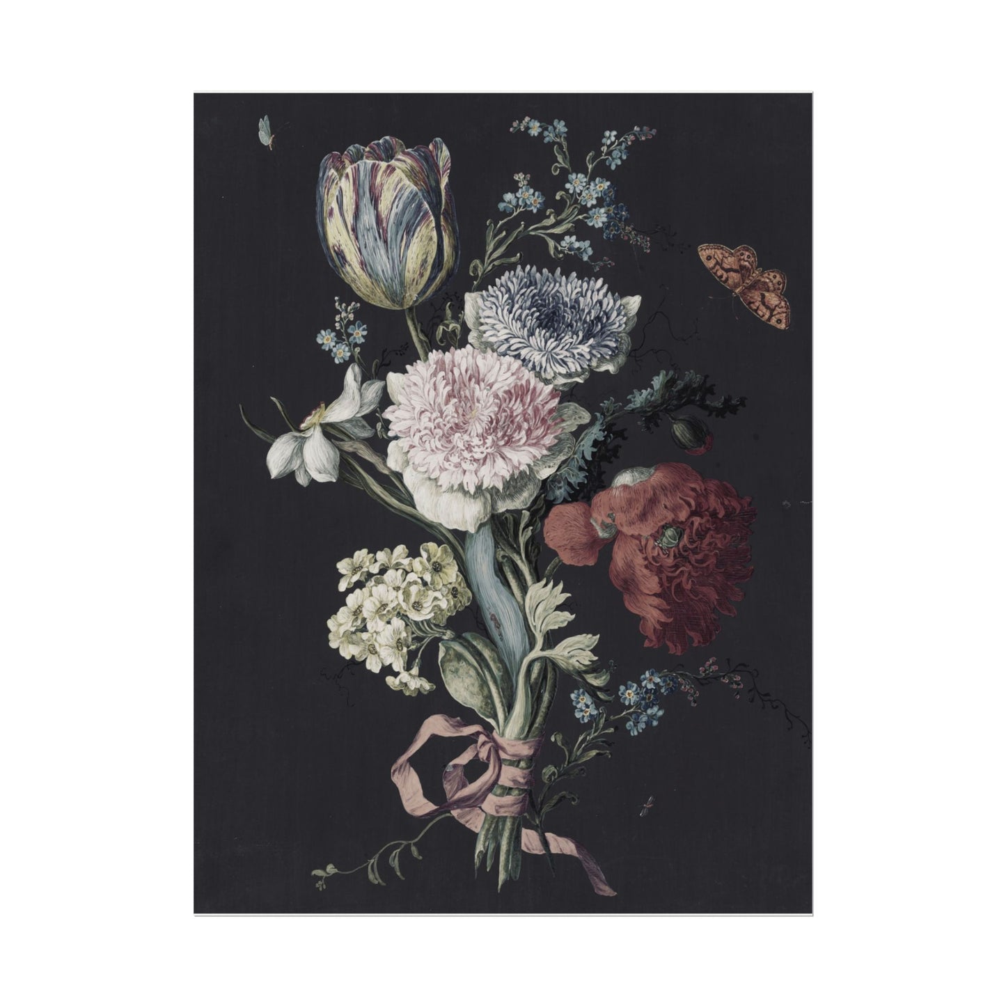 Dark Floral Watercolor Poster — Textured Matte Botanical Wall Art