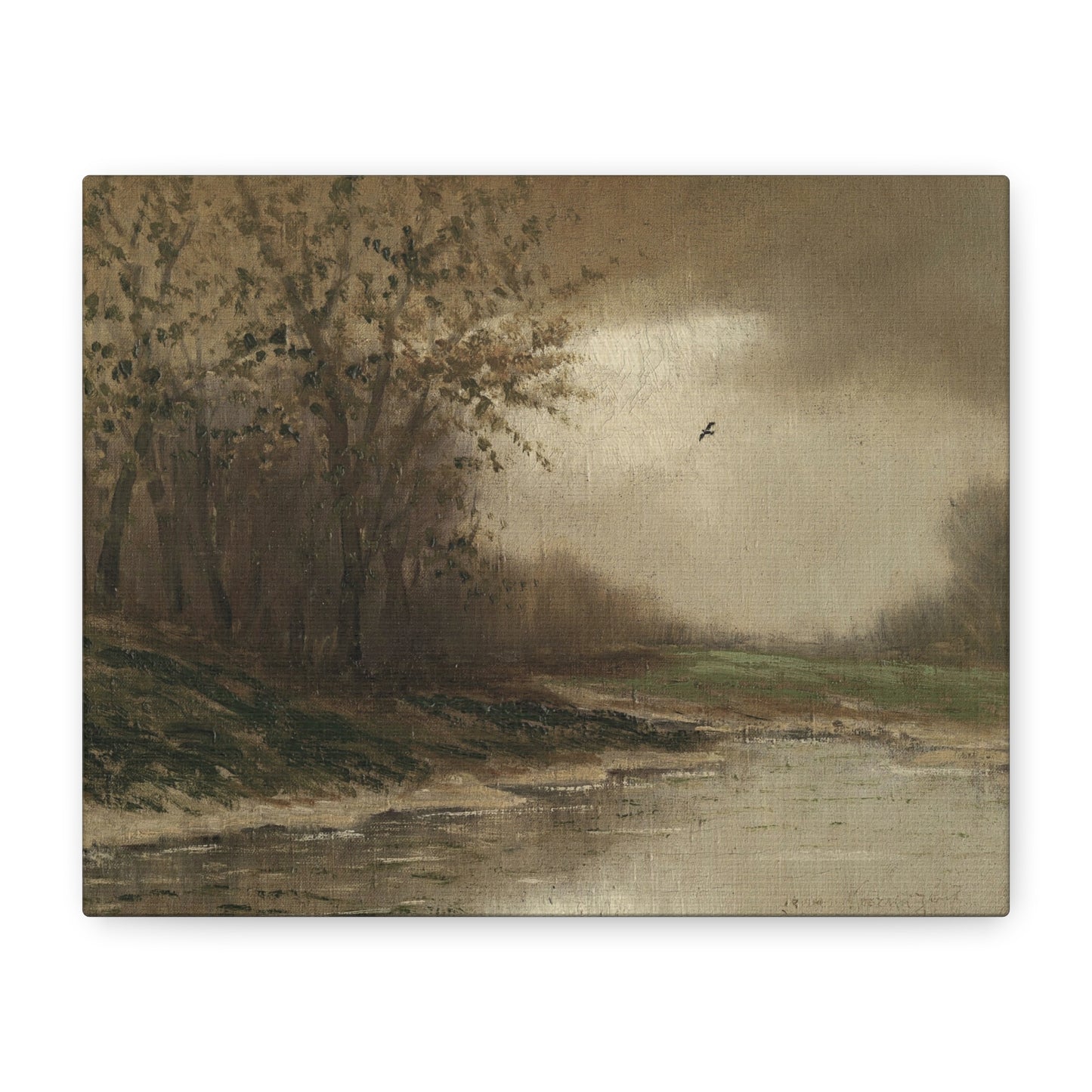 Misty Riverbank Landscape Canvas Print – Serene Vintage Nature Wall Art