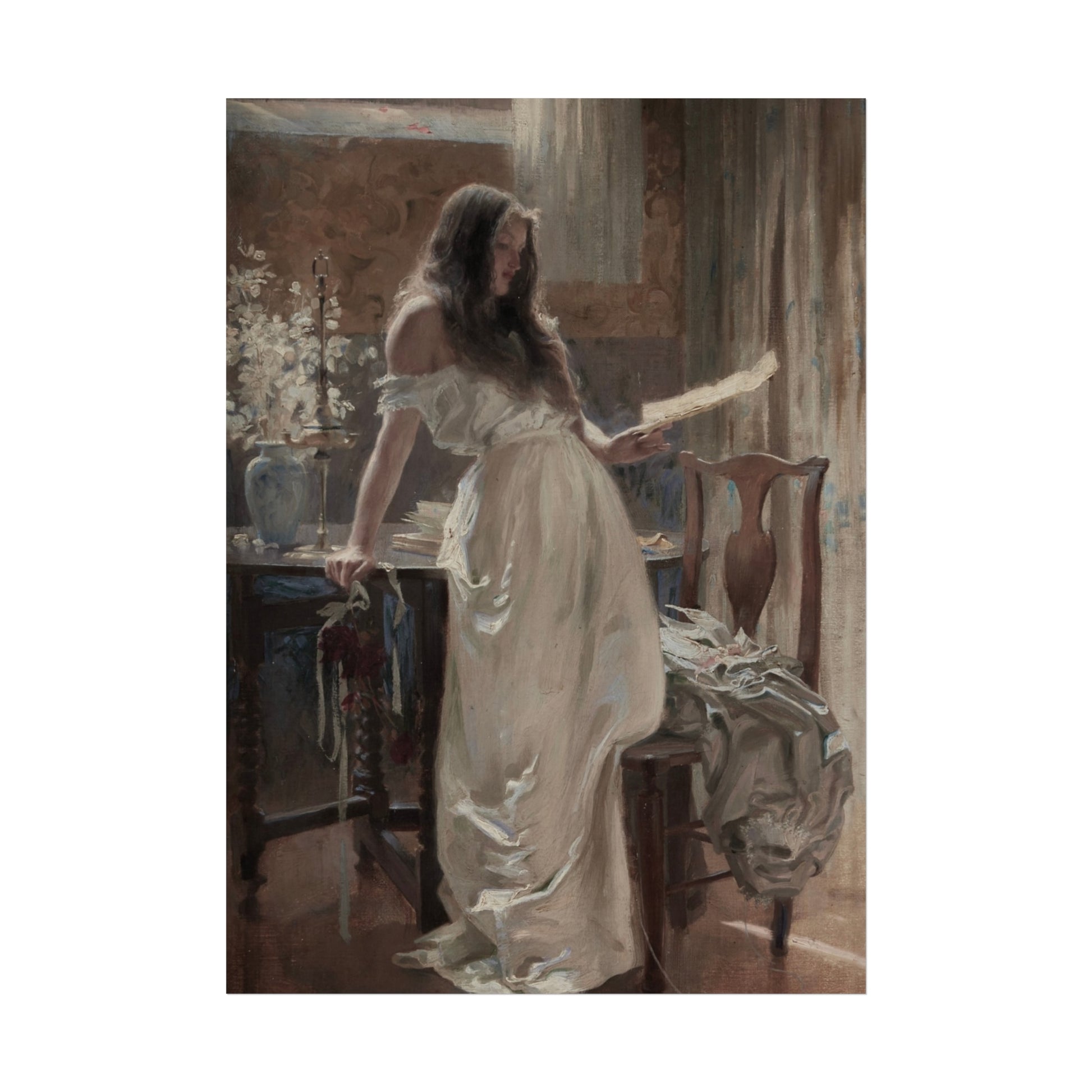 Woman in a white dress holding a piece of paper in a room with wooden furniture.