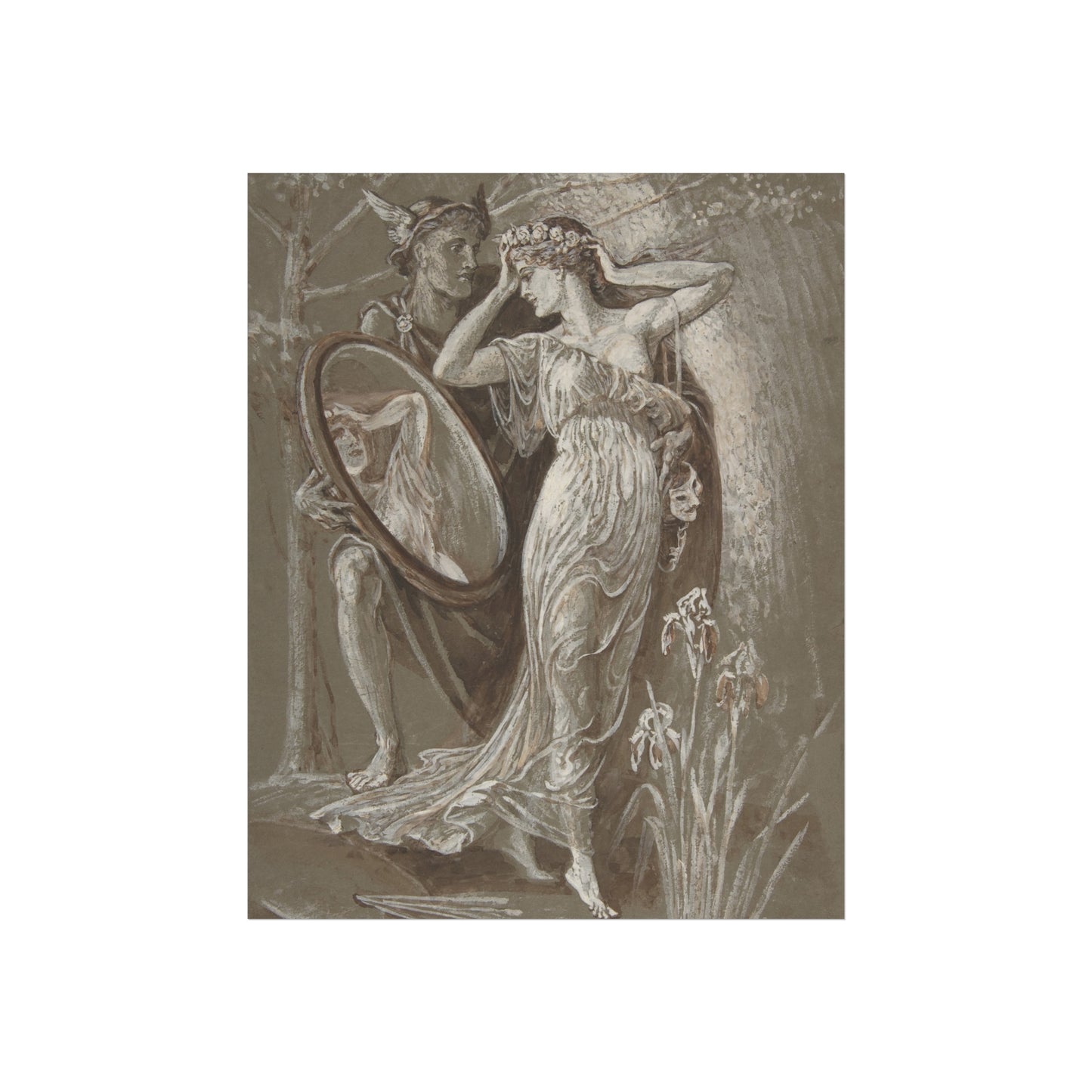 Artistic depiction of a woman looking into a mirror with a natural background